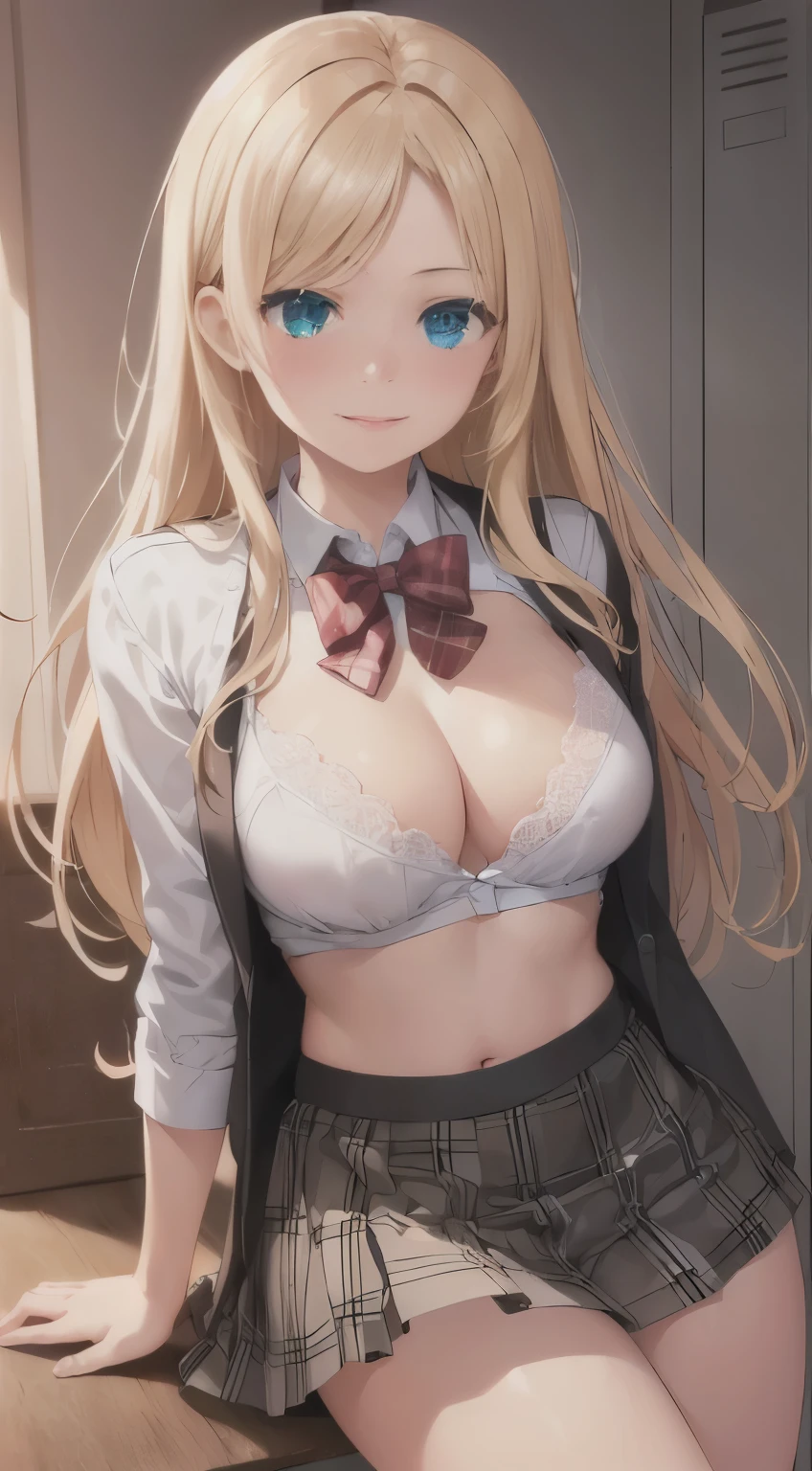 ((masterpiece, highest quality, High resolution, UHD, perfect pixel, Depth of bounds written, 4K, rtx, HDR))), 1 girl, single, alone, full body image、beautiful anime girl, beautiful art style, anime character, ((long hair, parted bangs, blonde hair)), (green eyes:1.4, round eyes, beautiful eyelashes, realistic eyes), (detailed face, blush:1.2), (smooth texture:0.75, realistic texture:0.65, realistic:1.1, Anime CG style), medium breasts, dynamic angle, perfect body, (red bow tie), ((black skirt:1.5, plaid skirt)), smile, ((Her shirt opens and her white bra is exposed.:1.8), locker room、nsfw