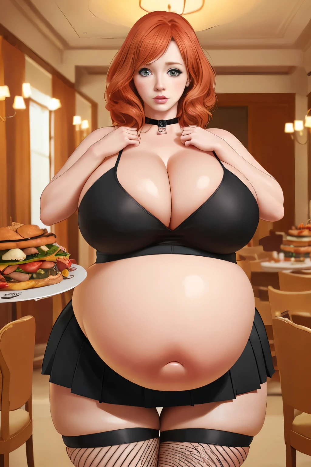 Christina Hendricks, masterpiece quality, realistic, (realistic:1.3), studio lighting, in a fancy dining room, lots of food in the background, table full of food in background, standing, ???? pose, wearing black short skirt, wearing black crop top, lots of cleavage, wearing choker collar, wearing fishnet stockings, aroused face, (????????????????:1.3), ????????????????, obese arms, obese legs, very obese, immobile from fat, ssbbw, (ssbbw:1.3), very fat body, fat belly, extremely fat, obese, (obese:1.3), alone, (alone:1.9), 1girl, solo, holding belly, rubbing belly, obese arms, obese legs, obese face, obese body, 