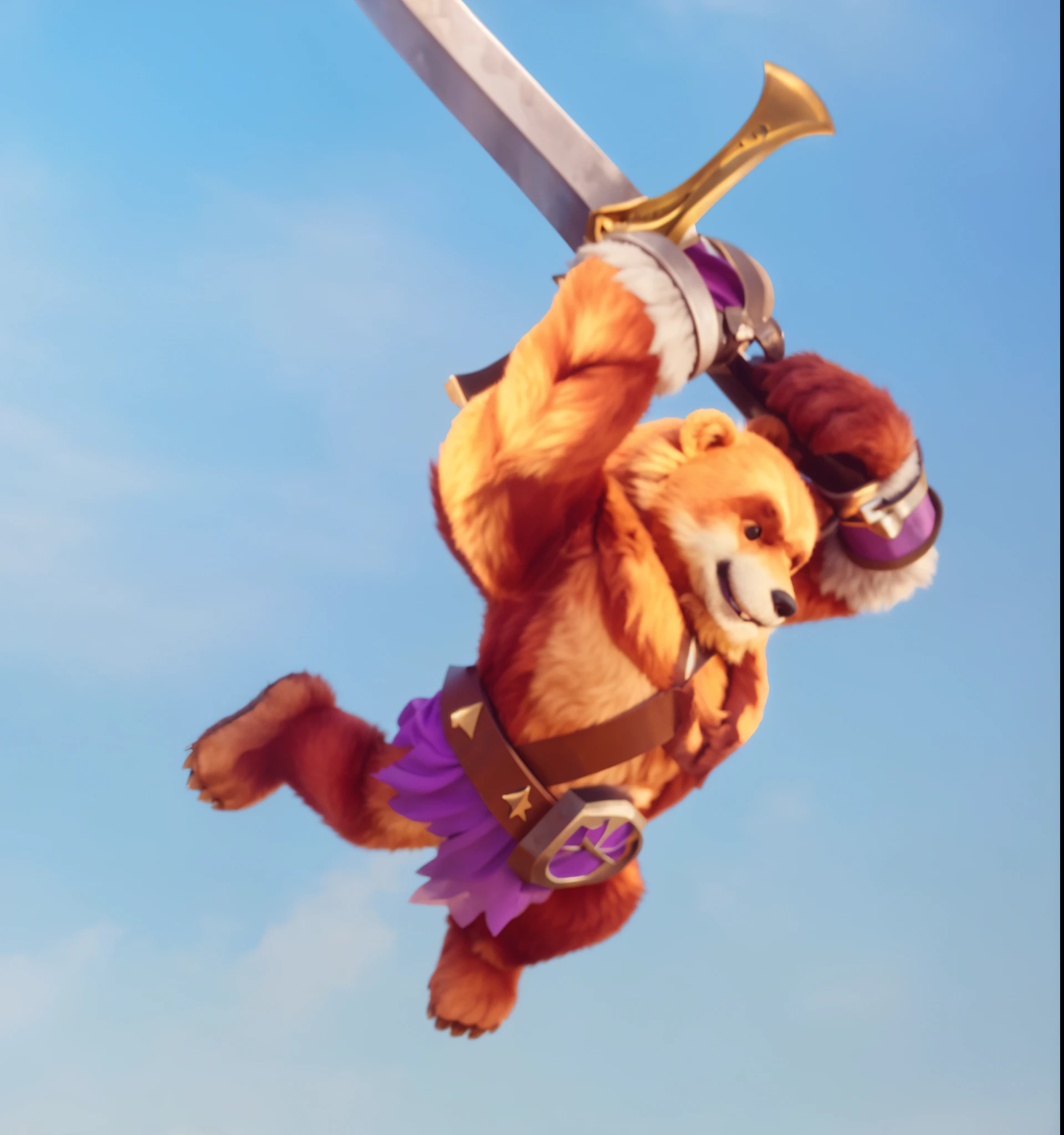 The bear leaped up holding a sword above his head.,belt,Metal waist tag,mane hair,Metal wristband,high quality, 4K, super actual, actual, Super details