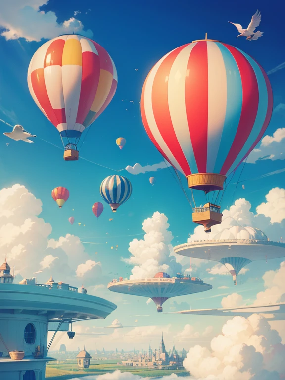 A whimsical floating city in the sky, houses on clouds, hot air balloons navigating, birds wearing hats flying by, a world where the ordinary meets the extraordinary, Illustration, digital drawing in Procreate
