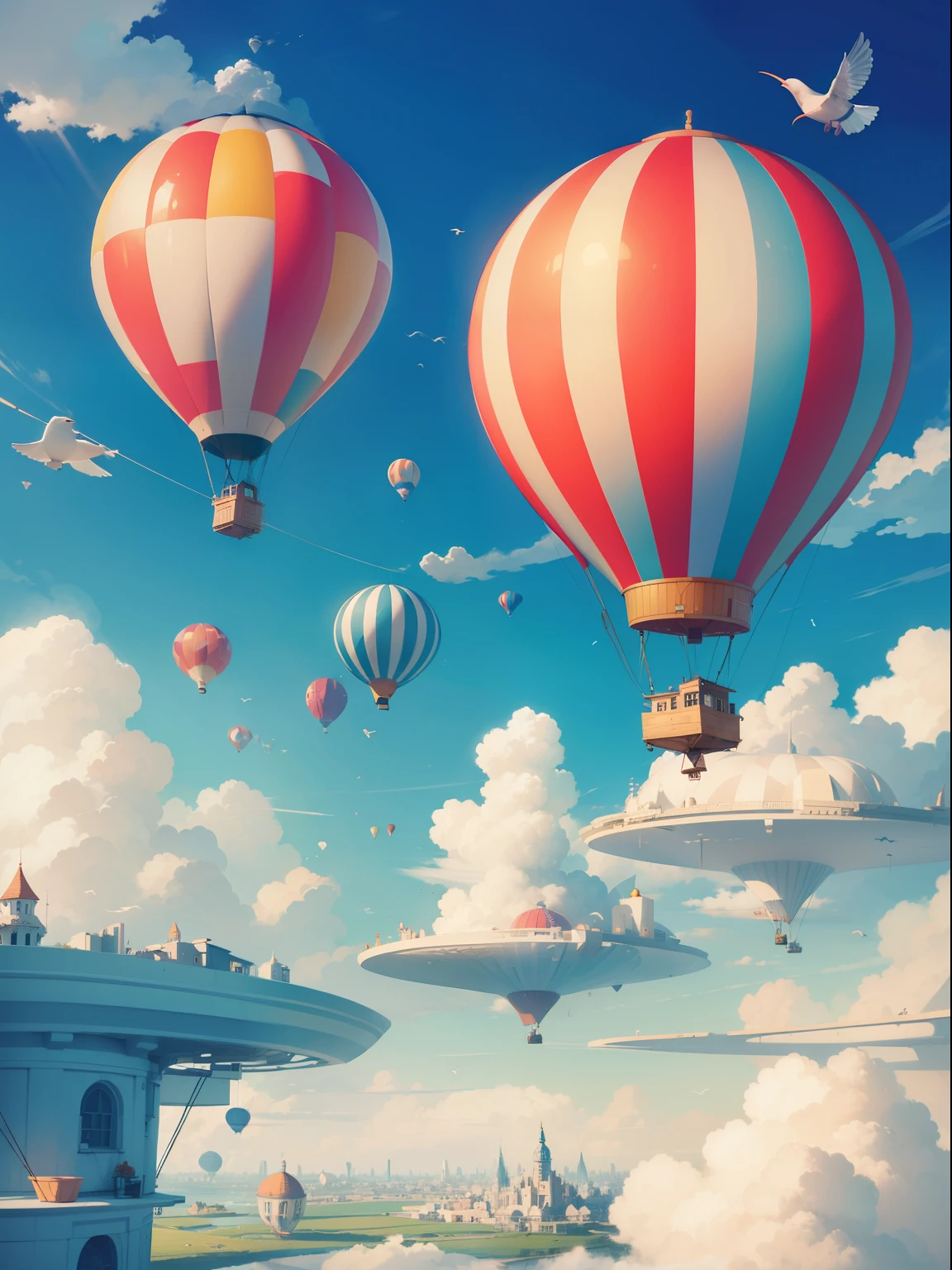 A whimsical floating city in the sky, houses on clouds, hot air balloons navigating, birds wearing hats flying by, a world where the ordinary meets the extraordinary, Illustration, digital drawing in Procreate