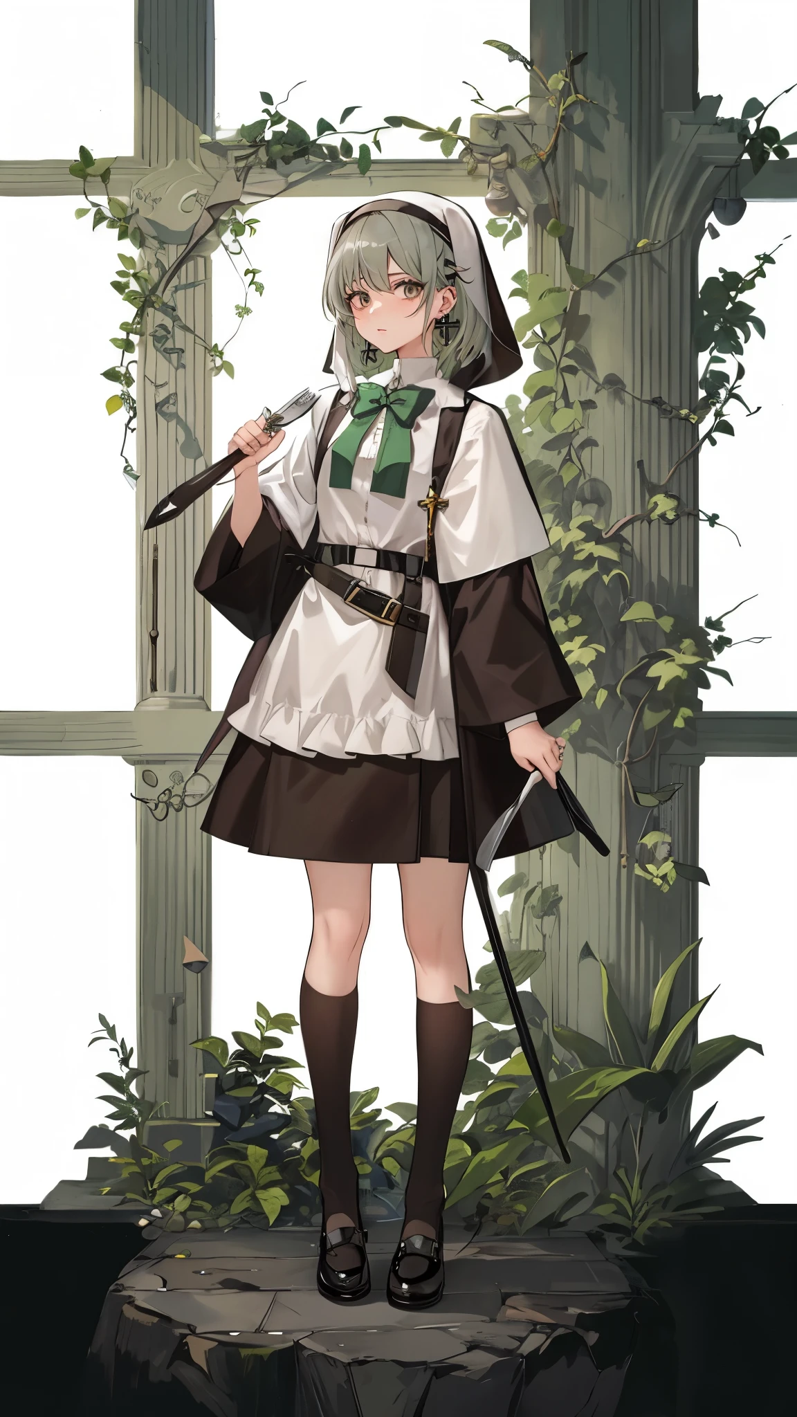 Short gray-green hair,close up,dream world,Nun sister,loose nun, Gray-brown eyes that have lost their highlights,abbey,pray,tear nevus,earrings,(earrings,Holding a short knife),necklace,bow tie,humanoid,Mirror,Church background, her skin is white, fair complexion,Short gray-green hair发, flat shoes,Short socks