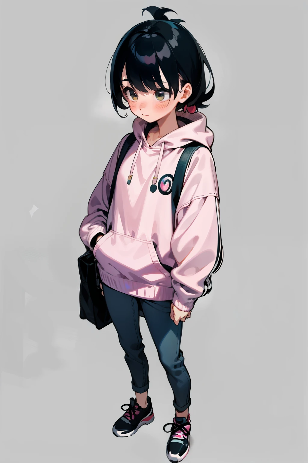 One girl with a Tamagotchi in hand, absorbed in its digital world, oblivious to her surroundings, standing still in a casual outfit, blushing subtly as she focuses on the tiny screen, keeping her mouth shut to avoid disturbing her virtual pet, a quiet street scene as the backdrop. (Ultra High Resolution, Detailed, Simple Background, Animation)