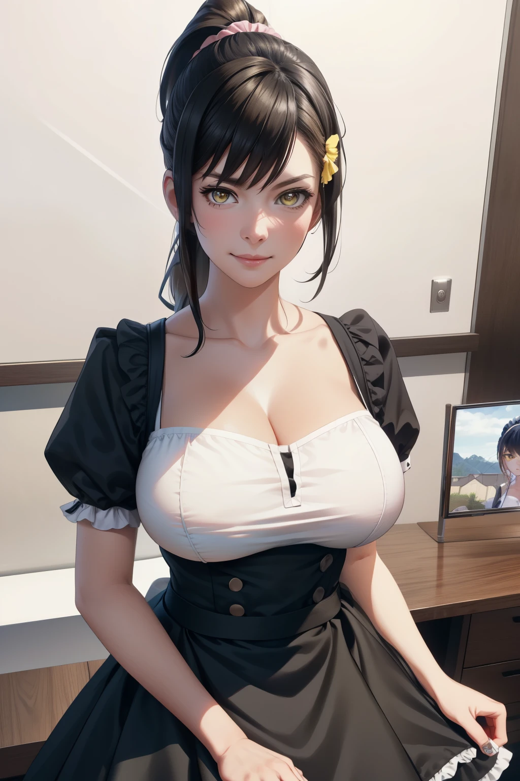 (8k, RAW photos, top quality, masterpiece: 1.2), (realistic, photorealistic: 1.37), (High Quality), (Ultra realistic), (High Details), (Face detail), (Shadow Detail), (big breast : 1.5), (17yo), Looking at viewers, 1 girl, solo, Yellow eyes, Black hair, Ponytail hair, Pink Lips, Extreamly Face Detailed, Cute Maid Dress, Full Body, Chabashira Sae