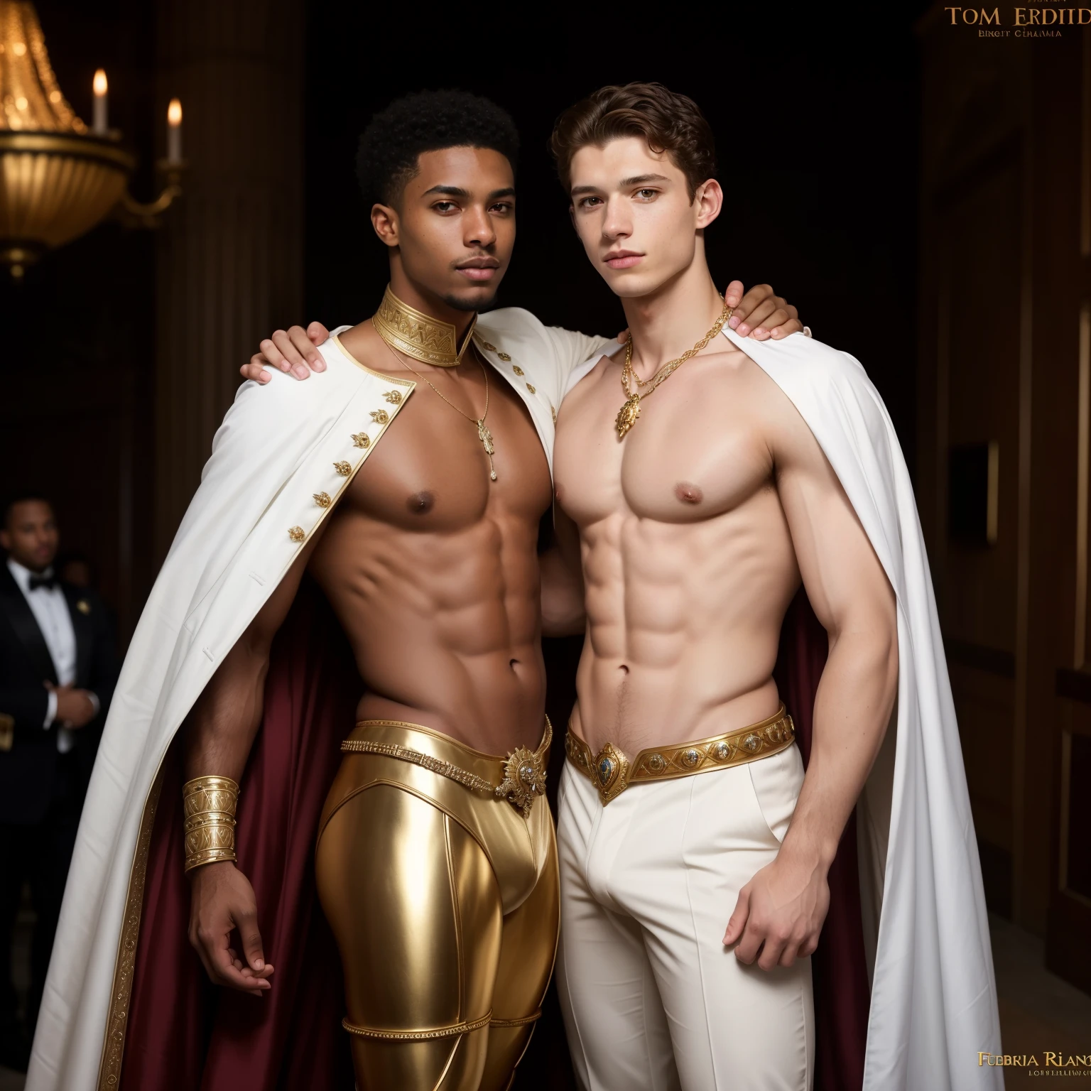 an interracial gay male couple of men in full royal garb romantic embrace, fully clothed, nice pants, face to face, european and african, homoerotic, darius zawadzki and tom bagshaw, inspired by Hedi Xandt, brown skin man egyptian prince, by Hedi Xandt, edmund blair and charlie bowater, inspired by Frederick Lord Leighton, wlop and andrei riabovitchev, charlie bowater and mark brooks, tom holland, full body, interracial gay men, brownskin shortcurlyafro,  caucasian tsar of Russia short hair, jeweled loin guard, rendering, digital painting, Imperial coat of arms Russia, males only, beautiful attractive antique kings male lovers. 