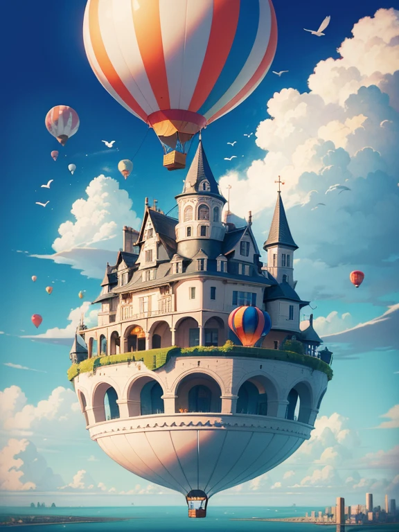 A whimsical floating city in the sky, houses on clouds, hot air balloons navigating, birds wearing hats flying by, a world where the ordinary meets the extraordinary, Illustration, digital drawing in Procreate