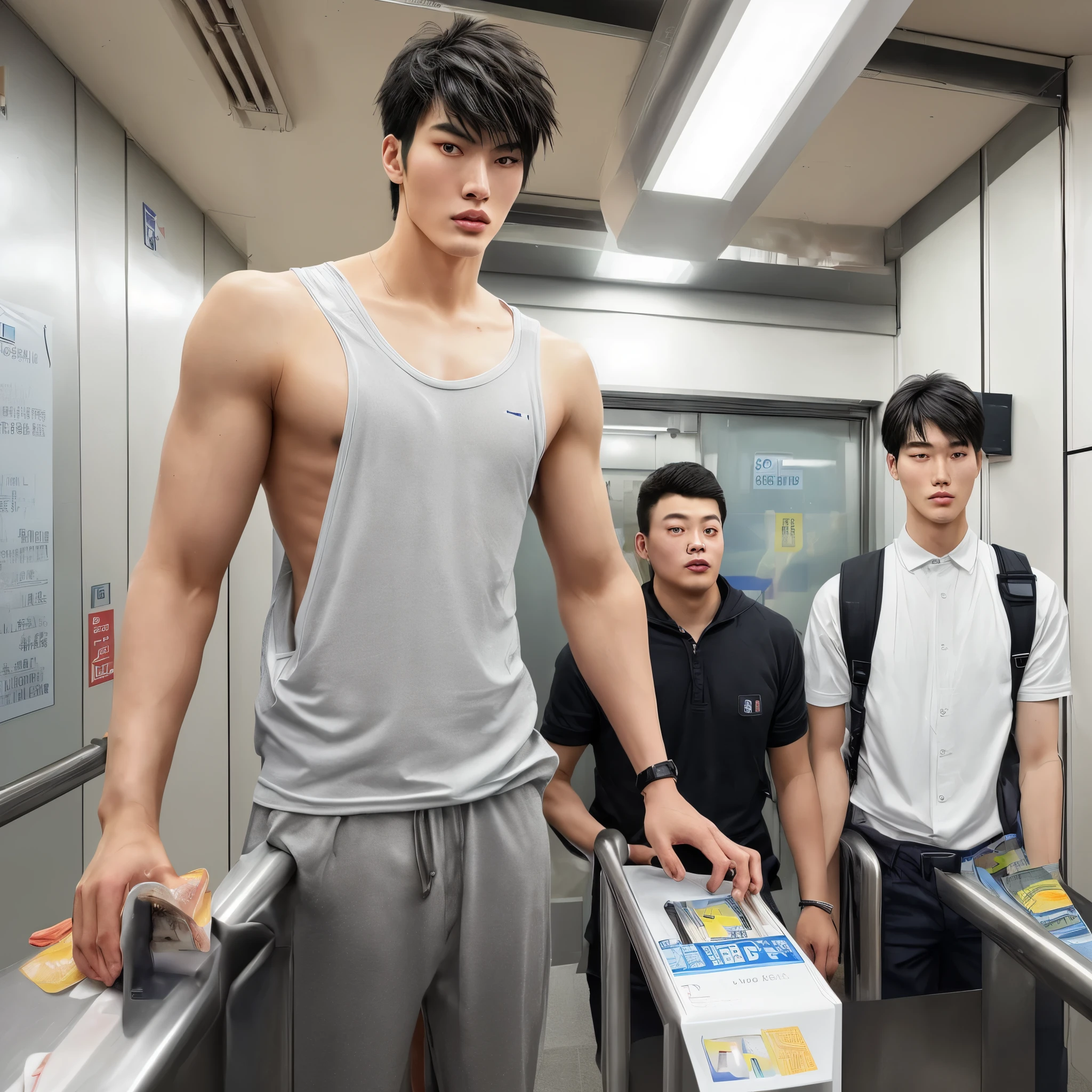 An extremely tall young chinese-looking giant , handsome, athletic, low tapercut, jawline, getting in the subway turnstile with two short guys, full body