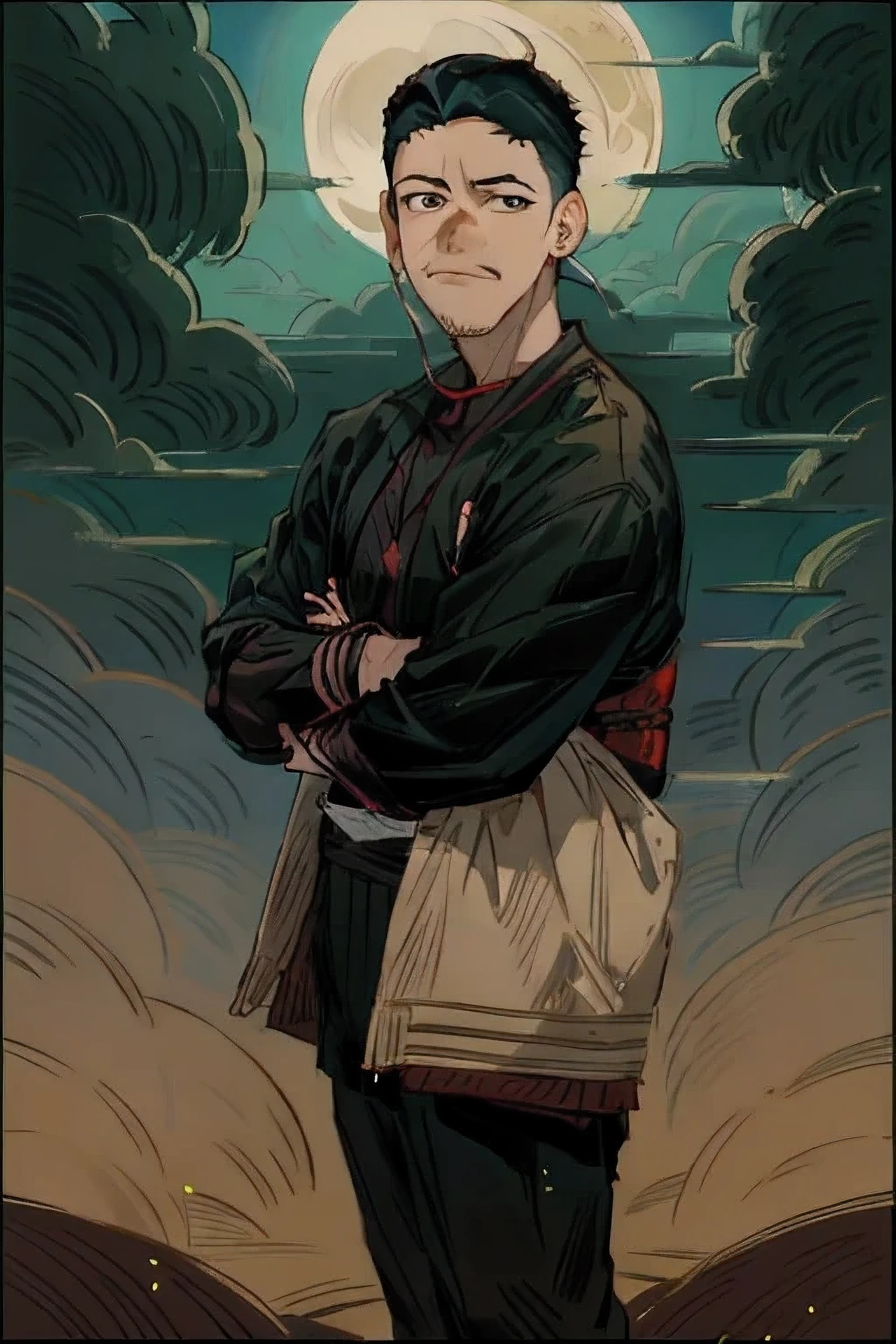 a man with a sword standing in front of a full moon, handsome guy in demon slayer art, badass anime 8 k, samurai man vagabond, inspired by Kanō Hōgai, 4 k manga wallpaper, inspired by Kanō Sanraku, ronin, miyamoto musashi, samurai style, as samurai, 4k anime wallpaper