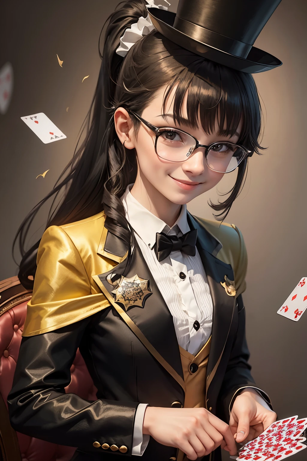 Beautiful female magician, , playing cards, long hair in a ponytail, bangs, smiling brightly, wearing glasses, wearing a small top hat, wearing a black bunny suit, wearing a yellow long tail tuxedo, wearing black Pantyhose, There were cards flying everywhere,
