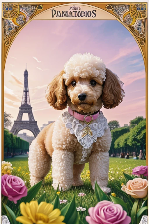 In the background, the beautiful Eiffel, beautiful sky and a radiant sun illuminating the environment, Photography from different angles, Dog looking in different directions, dynamic photography, Foto de perto Poodle tosado, brincando com rosas dentro da boca, Photograph frontal view close to half of the body of a small Poodle dog looking at the viewer coat color pink, white or yellow or colored, the Poodle is at the center of a handmade circle decorated with leaves and flowers of various colors and species, composing a realistic image of fantasy, mysteries and magical charms. (((cartazes, planfetos, Adesivos, propaganda, revista.))) monochrome
, linear, pencil draw, sem cor, scribble made with pencil.