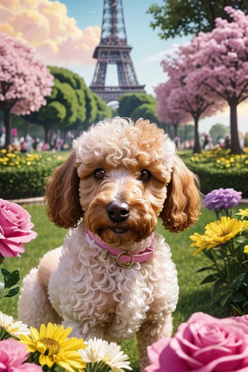 In the background, the beautiful Eiffel, beautiful sky and a radiant sun illuminating the environment, Photography from different angles, Dog looking in different directions, dynamic photography, Foto de perto Poodle tosado, brincando com rosas dentro da boca, Photograph frontal view close to half of the body of a small Poodle dog looking at the viewer coat color pink, white or yellow or colored, the Poodle is at the center of a handmade circle decorated with leaves and flowers of various colors and species, composing a realistic image of fantasy, mysteries and magical charms. (((cartazes, planfetos, Adesivos, propaganda, revista.))) monochrome
, linear, pencil draw, sem cor, scribble made with pencil.