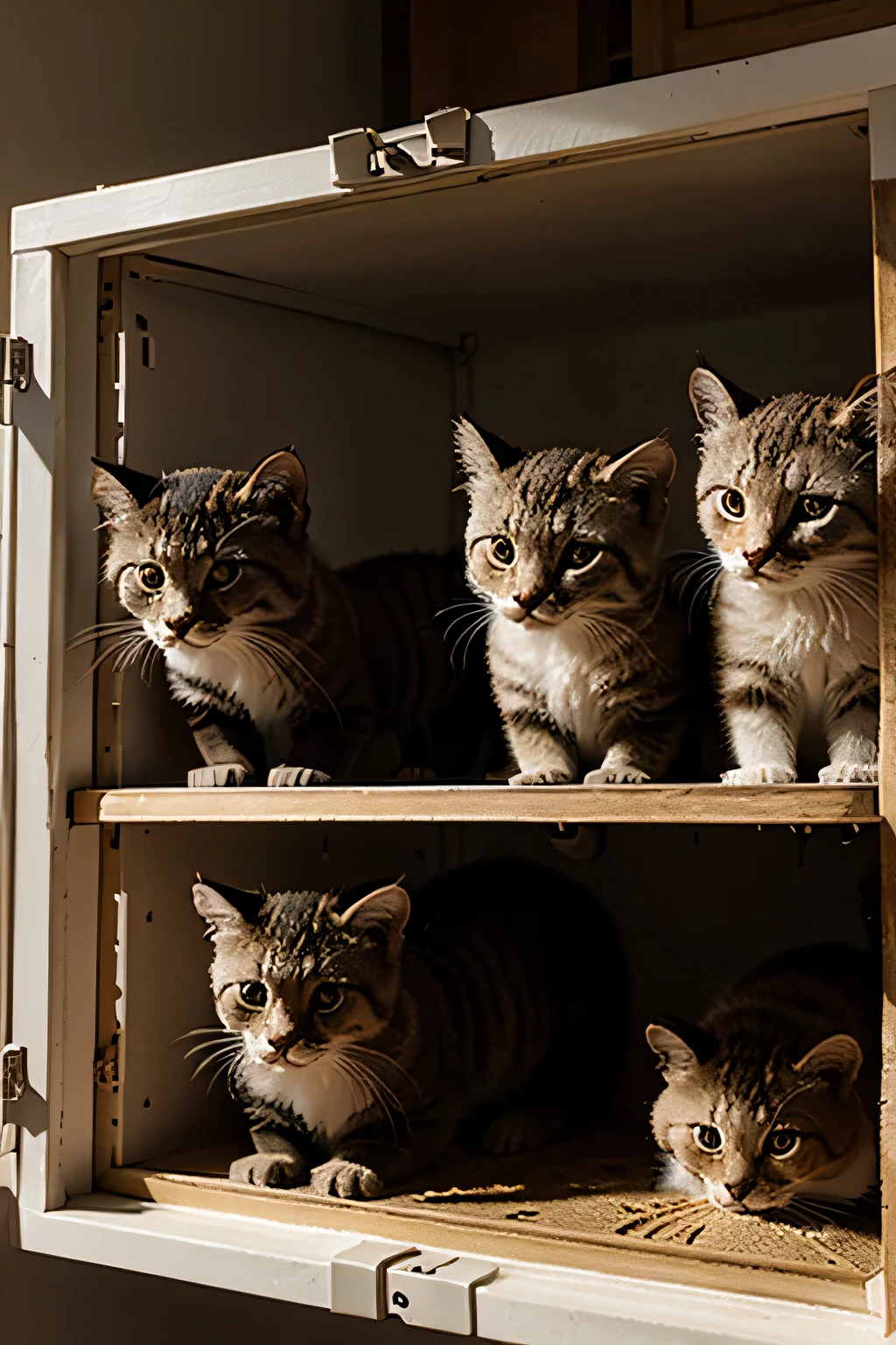 gatitos en una habitacion con ventana en la que entra luz en una canasta, 5 gatitos de diferente color 