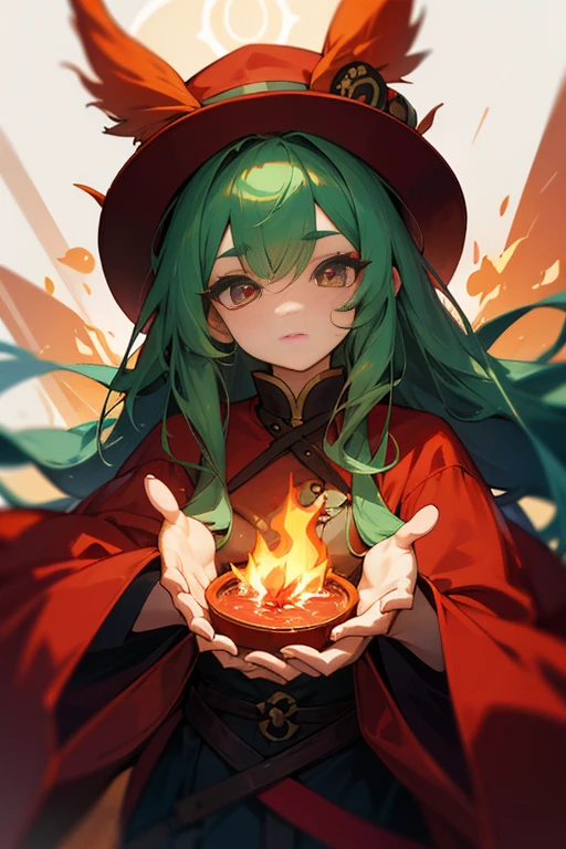 red hat、red long leather coat、long hair、Deep green hair、26 years old、fantasy、eyes are long、long eyelashes、highest quality、masterpiece、fire wizard、flame magic circle、Eye balance、Correctly contour the eyes、Eyeshadow is red