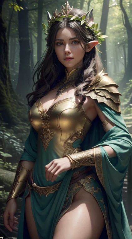 In this epic cinematic image, we see a gorgeous Wolf and a natural Beautiful elvish princess standing tall in a magical fantasy forest. She has a fit and strong body, and is adorned in traditional light leaf armour, giving her an ethereal and mystical appearance. Her leaf crown adds to her regal and majestic presence. The setting is incredibly realistic, with the cinematic quality capturing the beauty and wonder of the enchanted woodland. This elvish princess embodies grace, strength, and an otherworldly allure, making her a captivating and mesmerizing figure in this enchanting scene, Dynamic action pose, hiper-realistic (masterpiece, top quality, best quality, official art, beautiful and aesthetic:1.2), edges, each faces precisely define, breathtaking beauty, photorealism,, cinematic lightin, Kodak potra 400 f1.6 Lens, Greg Rutkowski, Stunning Pose, Pretty Face Features, Perfect Face, sharp focus,, artstation hyperrealism, detailed character design, 8k resolution, KODAK gold 400, bokeh, intricate