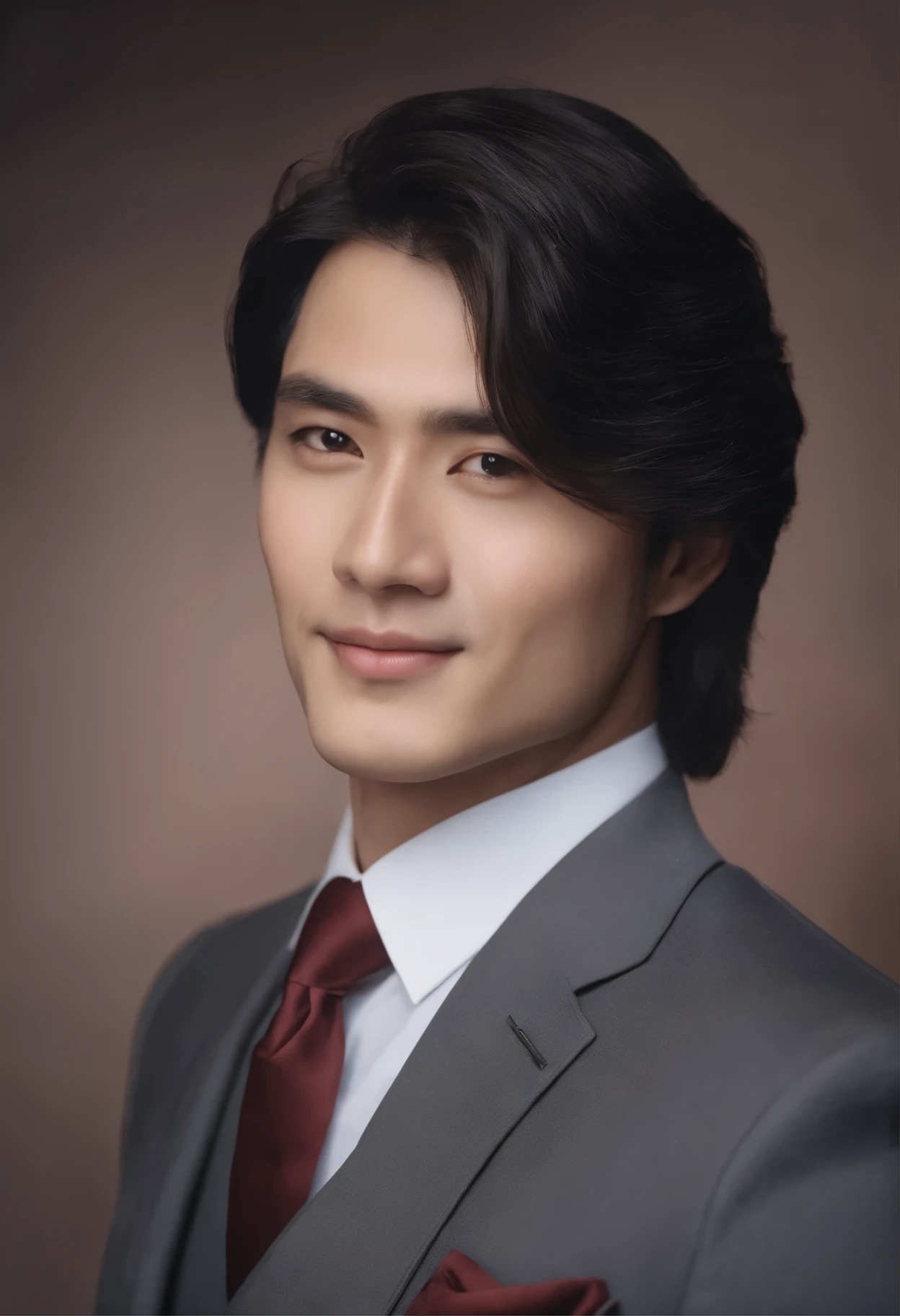 Little cool Japan man in gray business suit, office, very detailed, 39 years old, innocent face, natural wave hair, blue eyes, high resolution, masterpiece, top quality, intricate details, very detailed, sharp focus, detail skin, realistic skin texture, texture, detailed eyes, professional, 4K, attractive smile, eyes are large, necklace on the neck, Shot in Canon, 85mm, shallow depth of field, Kodak Vision color, perfectly fitting body, highly detailed, photot_ (ultra), photorealistic, realistic, postworking, maximum detail, roughness, real life, hyperrealistic, photorealism, photography, 8K UHD, photography