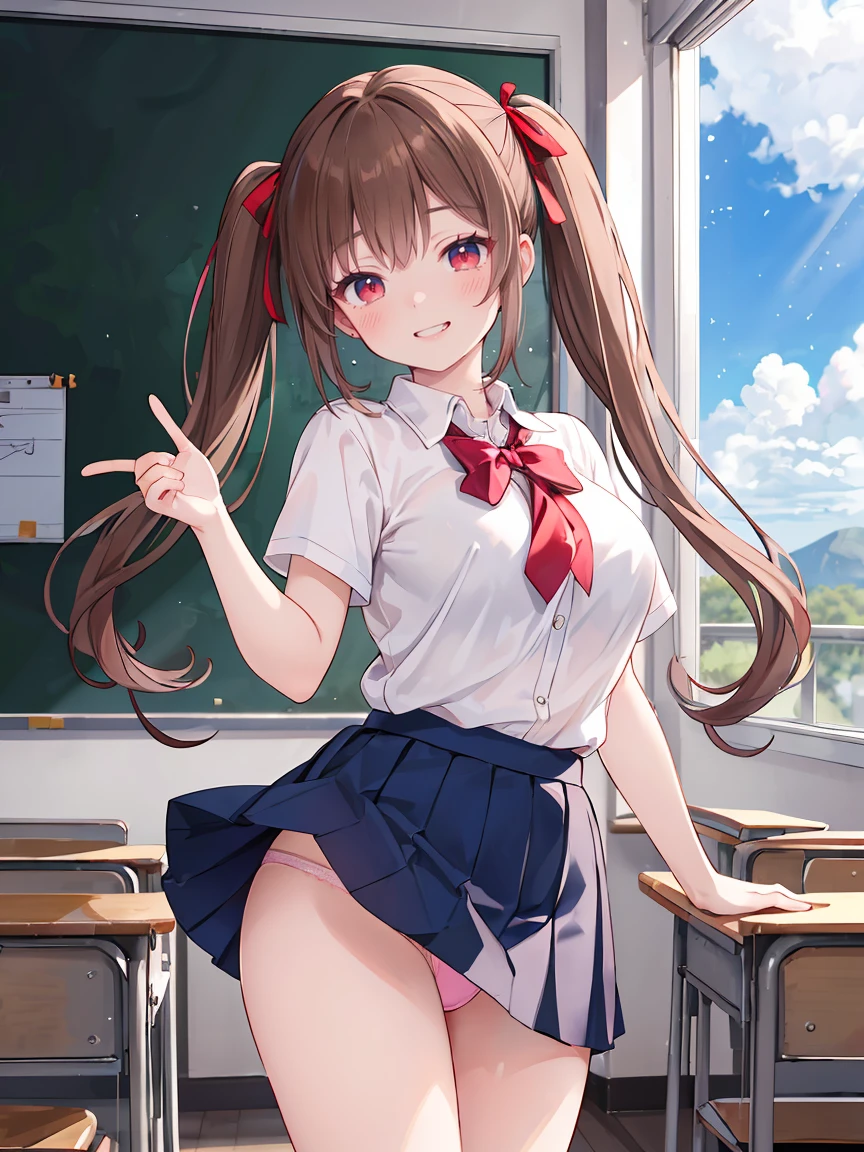 ((8K masterpiece,highest quality)), ultra high resolution, hyper detail, (1 girl), beautiful face, beautiful and delicate eyes,((red eyes)),Big eyes,shining eyes of light,Thin and long eyelashes,detailed light,((brown hair)),((long hair)), ((twin tails)),big breasts,school uniform,hair clip,hair ribbon,blitz short skirt,white knee high socks,light pink panties, Panty Pose, panty shot, (grinning smile),troubled face,(please open your mouth wide),(classroom),stand in the center of the screen,blue sky with clouds, Nice views, rainbow in the sky, particles of light, daytime, sunbeam,gust of wind,sense of speed, cowboy shot