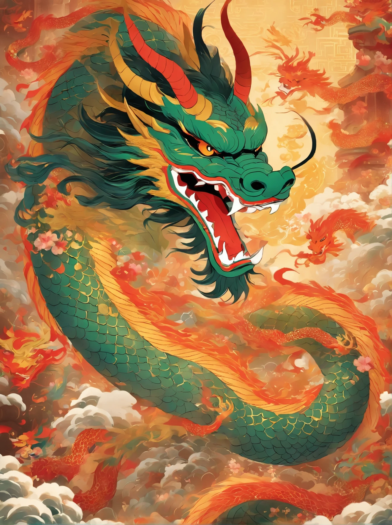In celebration of the Year of the Dragon, a majestic Chinese dragon, adorned with vibrant colors and intricate details, takes center stage. This awe-inspiring creature, depicted in a traditional New Year style, captivates viewers with its long, sinuous body and formidable presence. The dragon’s scales shimmer with hues of red, gold, and green, symbolizing prosperity, luck, and vitality. Its fierce gaze and open mouth reveal sharp teeth, while its whiskers and flowing beard add a touch of elegance. The dragon’s body twists and turns gracefully, conveying a sense of power and agility. As it dances through the air, wisps of smoke and fire emanate from its nostrils, creating an atmosphere of excitement and energy. This captivating portrayal of the Chinese dragon embodies the spirit of the Lunar New Year, infusing the scene with a festive and auspicious ambiance that heralds good fortune and blessings for the year ahead.
