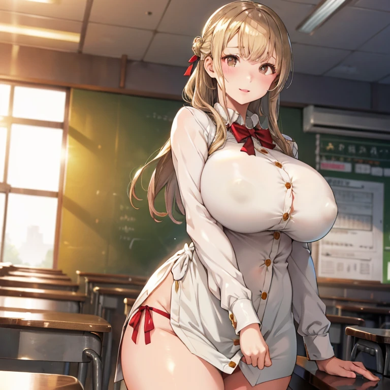 loose school uniform is sheer, button gap,(covered nipples:0.95),breasts,red white gold uniform,(side-tie peek:1.5),(button gap:1.5), white skirt, white top, red ribbon, golden buttons, golden shoulder pats, young adult, 19 years, blonde hair,half updo hair, brown eyes, beautiful brown eyes, big breast, striking body curves, horny smile, pink lips, tiny girl, cute pose, masterpiece, classroom background, school