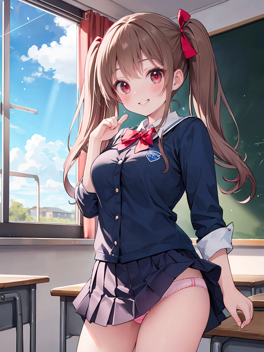 ((8K masterpiece,highest quality)), ultra high resolution, hyper detail, (1 girl), beautiful face, beautiful and delicate eyes,((red eyes)),Big eyes,shining eyes of light,Thin and long eyelashes,detailed light,((brown hair)),((long hair)), ((twin tails)),big breasts,school uniform,hair clip,hair ribbon,blitz short skirt,white knee high socks,light pink panties, Panty Pose, panty shot, (grinning smile),troubled face,(please open your mouth wide),(classroom),stand in the center of the screen,blue sky with clouds, Nice views, rainbow in the sky, particles of light, daytime, sunbeam,gust of wind,sense of speed, cowboy shot