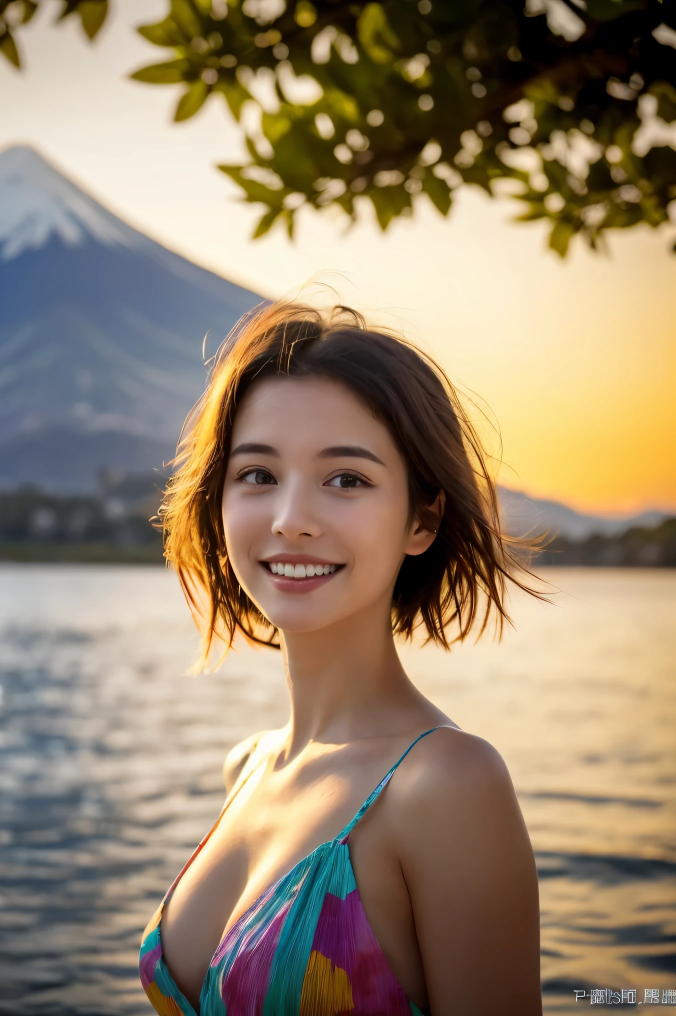 8K, (超realistic: 1.35), (realistic: 1.4), one personの美しい日本人の女の子, smile, one person, light makeup, masterpiece, 超High resolution, High resolution, one person, Sexy white underwear、 puberty, one personの少女, ((perfect body)), ((best image quality)), ((time)), ((very delicate and beautiful)), ((Very shallow depth of field)), nffsw, ((incredibly shallow depth of field. Familiar)), (((very delicate and beautiful))), (((Very shallow depth of field))), nffsw, (((incredibly absurd))), (((perfect body))), (((look at the camera)))), (((normal size breasts))), (((serious face))), (((Hair can be long or short))), myself+background, dynamic angle, female focus, {particles of light}、 詳細なbackground、((paul hedley))、soft lighting、(dramatic)sunset、sunset、とても美しいsunset、live action、genuine、top angle、かわいいsmile、(backgroundぼかし)、18-year-old、thin、((Wind))、((movement))、((emotion))、((colorful))、((baby face))、((beautiful teeth))、backgroundは海、(((You can see a small Mt. Fuji in the distance across the sea.)))