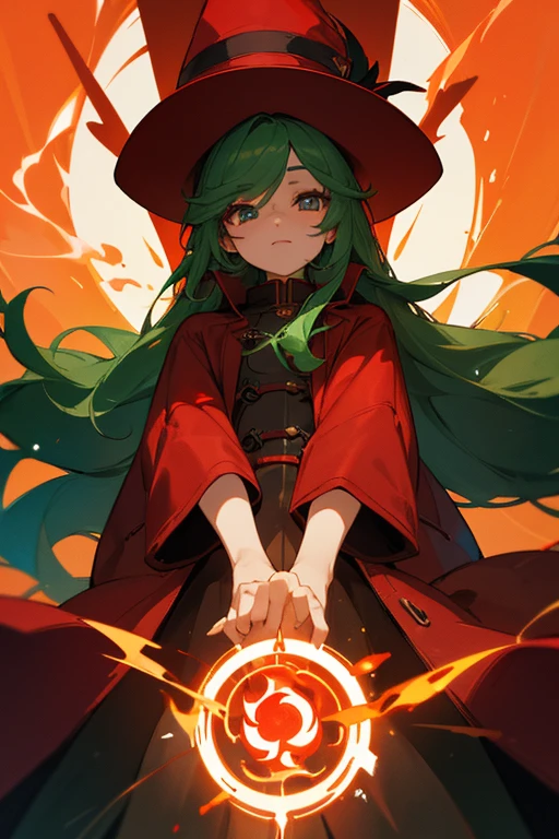 red hat、red long leather coat、long hair、Deep green hair、26 years old、fantasy、eyes are long、long eyelashes、highest quality、masterpiece、fire wizard、flame magic circle、Eye balance、Correctly contour the eyes、Eyeshadow is red