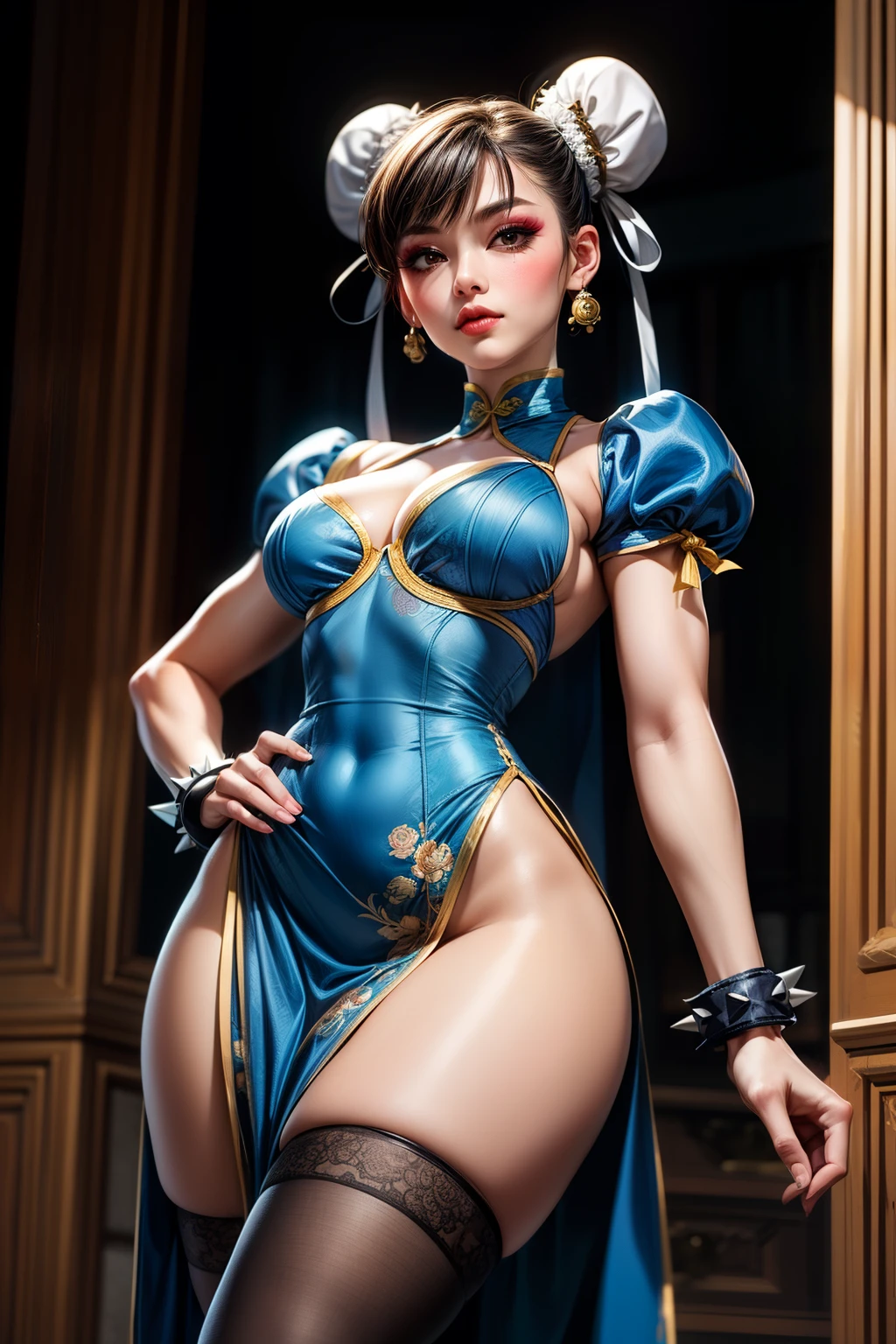 1girl, Asian, solo, hazel eyes, chun li sweet face, hairstyle with two buns of silk brocades and ribbons, bracelets with large spikes, wearing a narrow long pelvic curtain blue qipao dress 

with golden accents and puffy sleeves and a white waistband, brown Opaque Hosiery, thick hips, wide hips, massive thick thighs, choker, arms down, lips, uncensored, 

makeup, muscular, thick thighs, from below, hands on hips, eyeshadow, veins, chun li, chun li hips