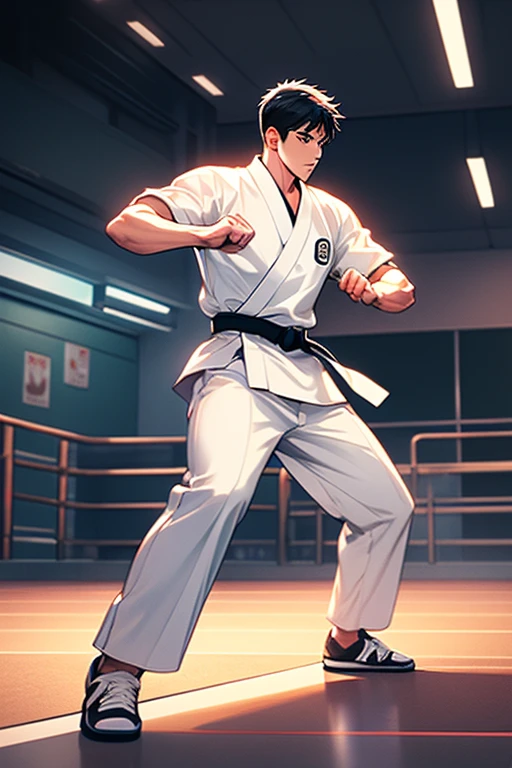 Plain clothing,Pure white karate uniform,White collar,karate stance, boys,Fighting Boy,martial art,high kick,alone, 1 boy, looking at the viewer,three quarter sleeves,Martial arts hall,white pants,Plain white clothes,black hair,Black belt,crew cut,action