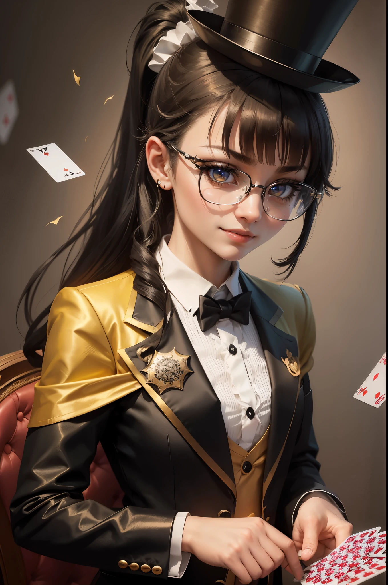 Beautiful female magician, , playing cards, long hair in a ponytail, bangs, smiling brightly, wearing glasses, wearing a small top hat, wearing a black bunny suit, wearing a yellow long tail tuxedo, wearing black Pantyhose, There were cards flying everywhere,