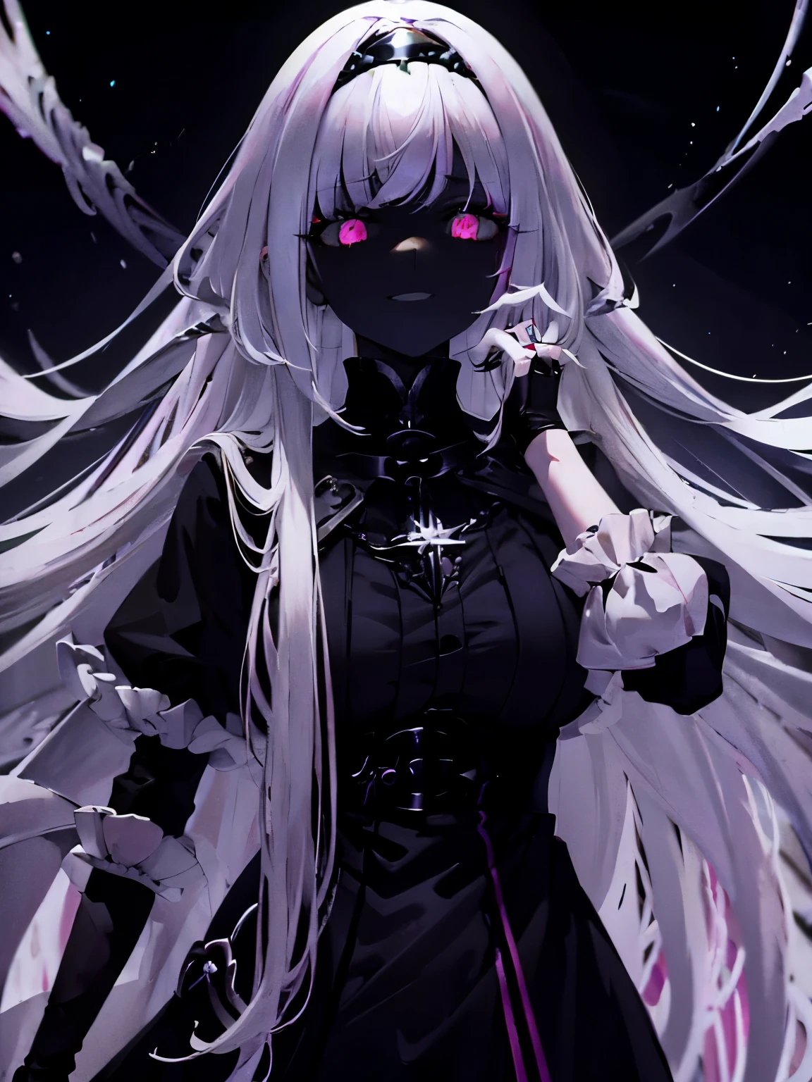 white hair pink eyes strange beautiful girl Dark world smile scared very long hair spiraling staircase dark fantasy