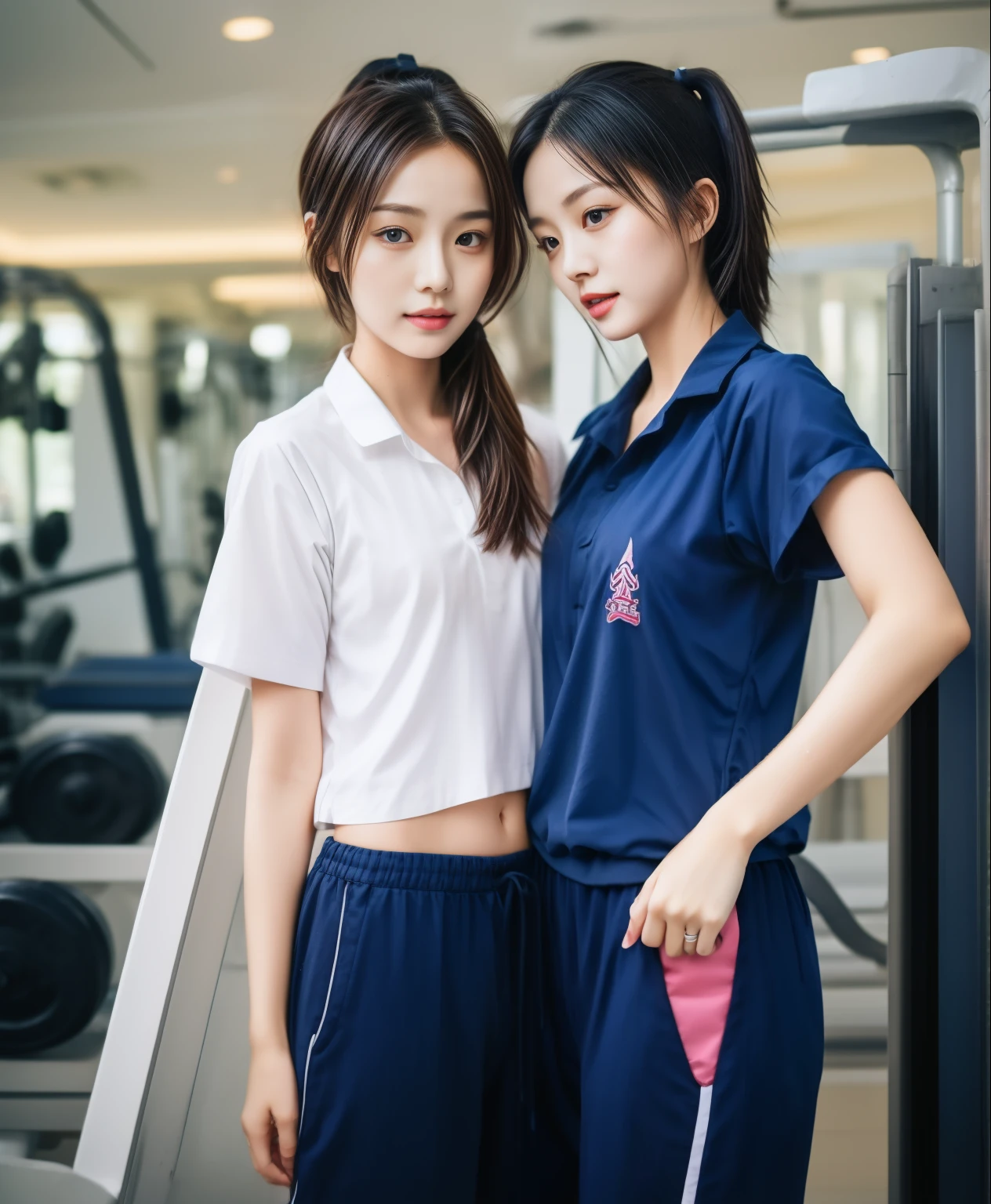 2 girls in fitness center, Navy blue short-sleeved shirt,Navy Long Trackpant,Sweatpants, Sweatpantsขายาว,25 year old girl, lesbian, sexy, exercise clothes, wet body, exercise clothes