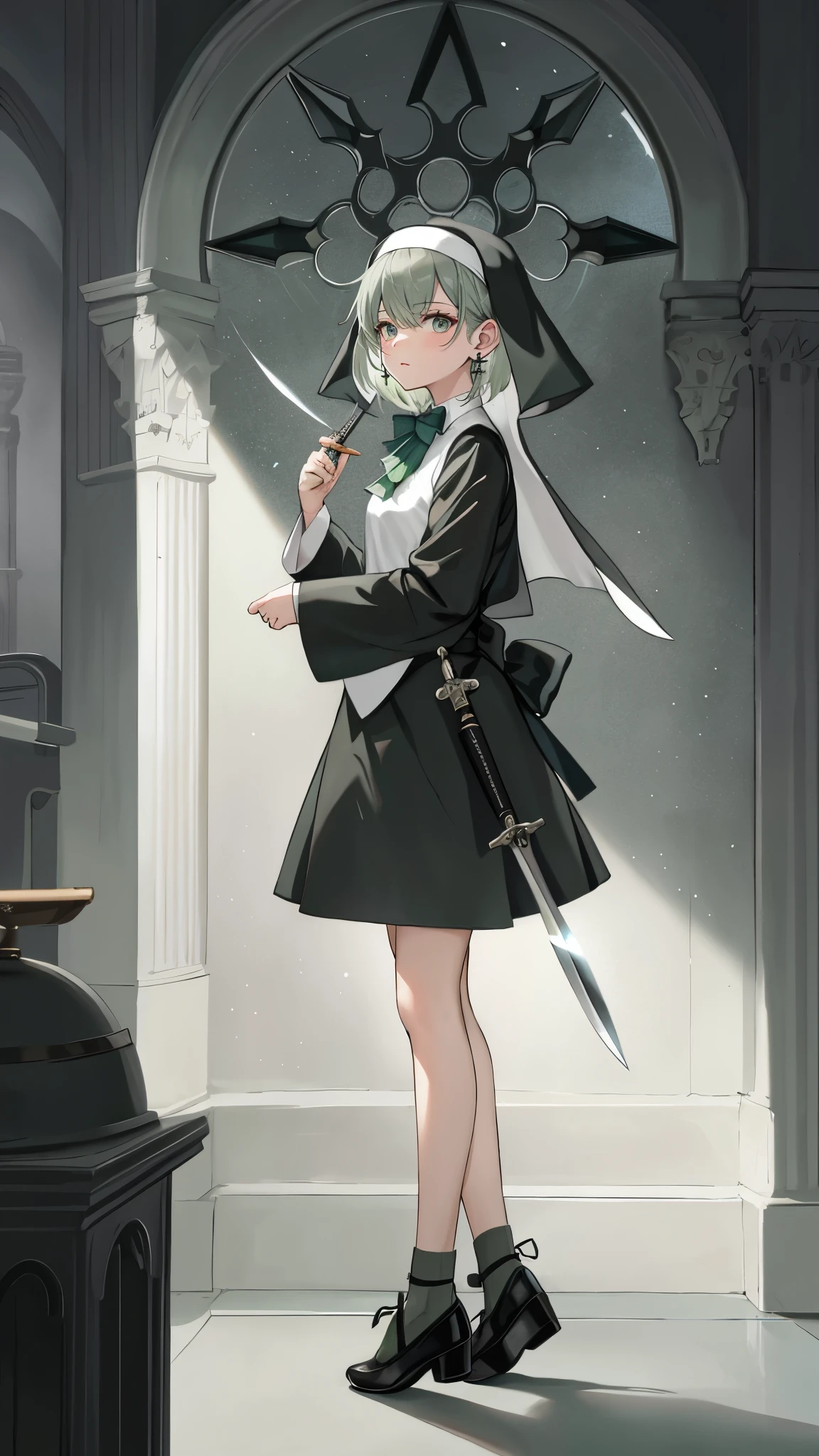 Short gray-green hair,close up,dream world,Nun sister,loose nun, Taupe eyes,abbey,(Mirror),pray,tear nevus,earrings,(earrings,Holding a short knife),necklace,bow tie,humanoid,Mirror,Church background, her skin is white, fair complexion,Short gray-green hair发, flat shoes,Short socks