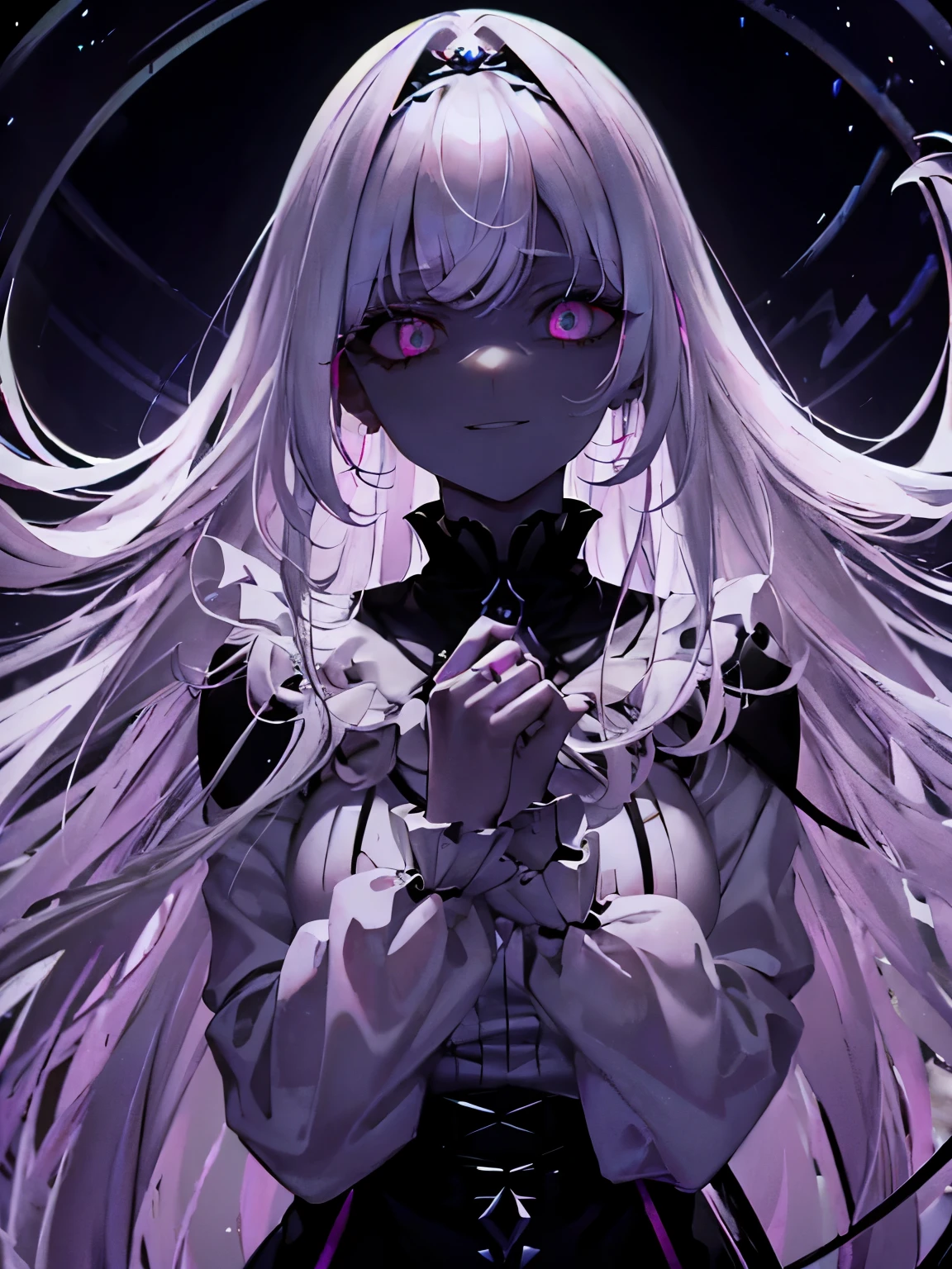 white hair pink eyes　strange beautiful girl　Dark world　smile　scared　very long hair　spiraling staircase　dark fantasy