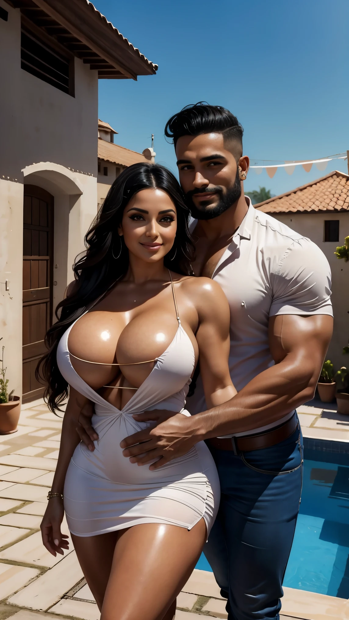 Mulher e homem Latinos, they are both 30 years old, couple romantic pose, He hugs her from behind. Ela veste vestido estampa de flores amarelas, has very long, wavy black hair, Rosto chubby lindo, corpo chubby, corpo perfeito, voluptuous curvy body, seios enormes, bunda empinada, skin oiled, Olhos detalhados, detailed hands. Ele veste camisa regata e short, tem cabelo preto liso undercut, rosto lindo perfeito, rosto delicado, Symmetrical face, ele tem olhos castanho claros, barba feita, boca pequena linda levemente rosada, corpo bodybuilder, he has a tattoo on his right arm. On the terrace of a rustic house. Both looking happily smiling at the camera. He is a little taller than her.