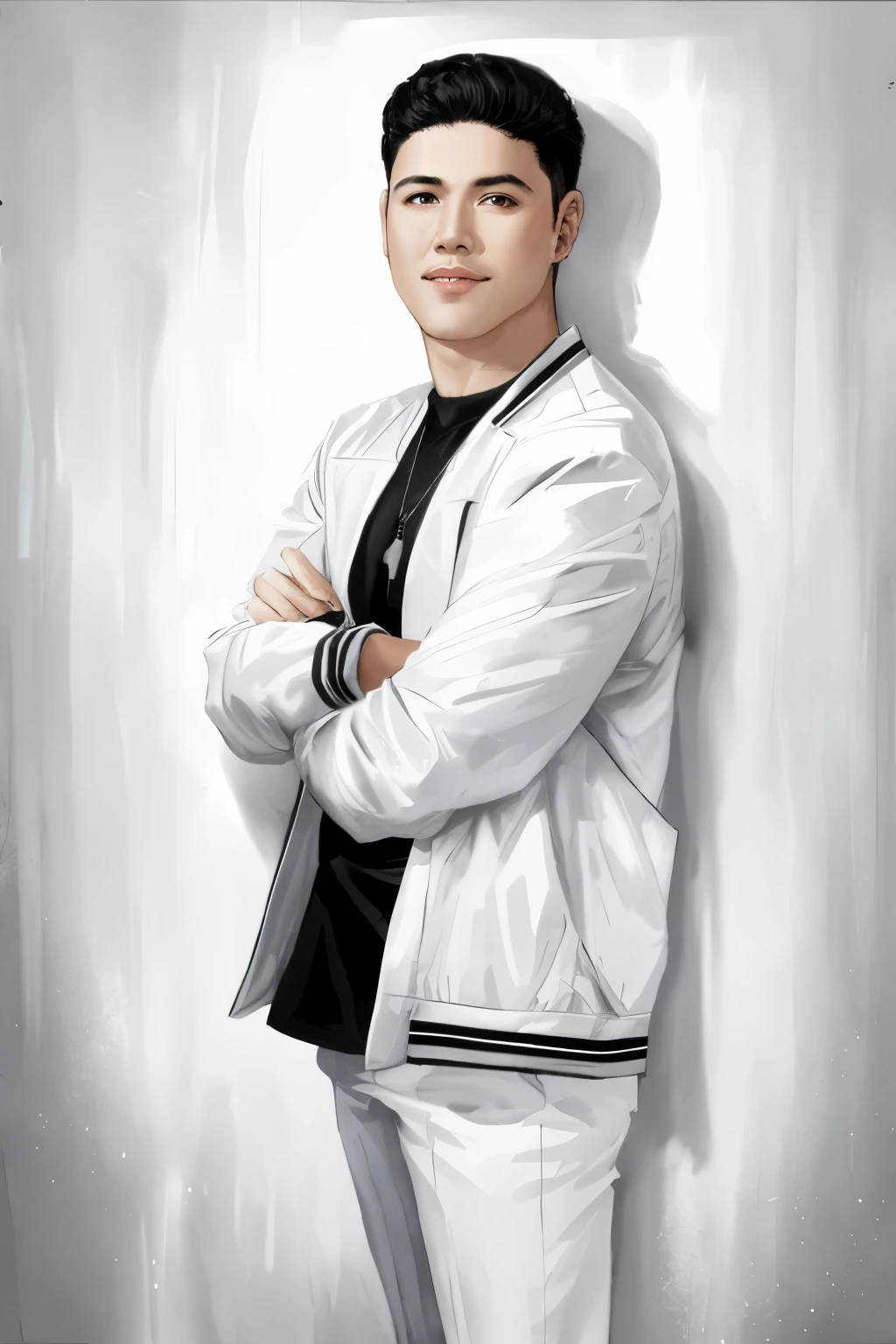 arafed man in a white jacket and black shirt posing for a picture, 'white background'!!!, john jude palencar, white background!!!!!!!!!!, official artwork, zigor samaniego style, inspired by Eddie Mendoza, vocalist, inspired by Randy Vargas, promo shoot, josan gonzales!!!, roge antonio, ramil sunga