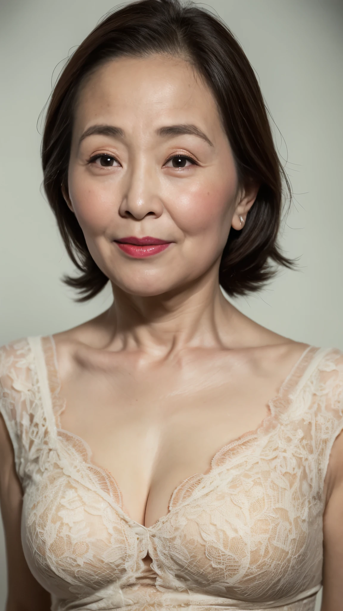 Remove the background, gravure, (long face), describe the lips correctly, red lipstick, from the chest up, elderly AV actress, old face, highest quality, super detailed, realistic, super dense skin, perfect anatomy, (1 Japanese mature woman), (Erotic), 100 years old, big breasts, Bewitching, Glamour, Sexy, pure white skin, looking at the viewer,