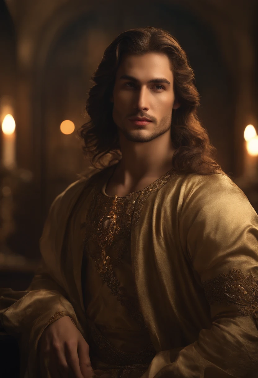 ((masterpiece of baroque painting, renaissance style painting)), ((the most beautiful of men)) 1 boy with full body、((beauty of a God)), ((lascivious full body))、((beautiful legs and muscular)), ((beauty body,)) , ((semi-nude)), top quality、Official Art、great aesthetics:1.2)、best quality, ultra hd, 32k、(Fractal Art:1.3)、Colouring、 but high detailed, ((masculine and sexy villain)), soft smile Masculine and strong Smooth expression a smile, full body shot, golden light looking at camera, In the background Space Station in Antares, highly detailed, ultra-realistic, details intricate, ((master part,best quality)), ((Cinematic light)), hyper realistic, fearsome, dark fantasy, epic realistic,art, (HDR:1.5), hyper detailed, (Artee station:1.5), cinemactic, warm lights, Light Effect, dramatic light, (intricate details:1.1)