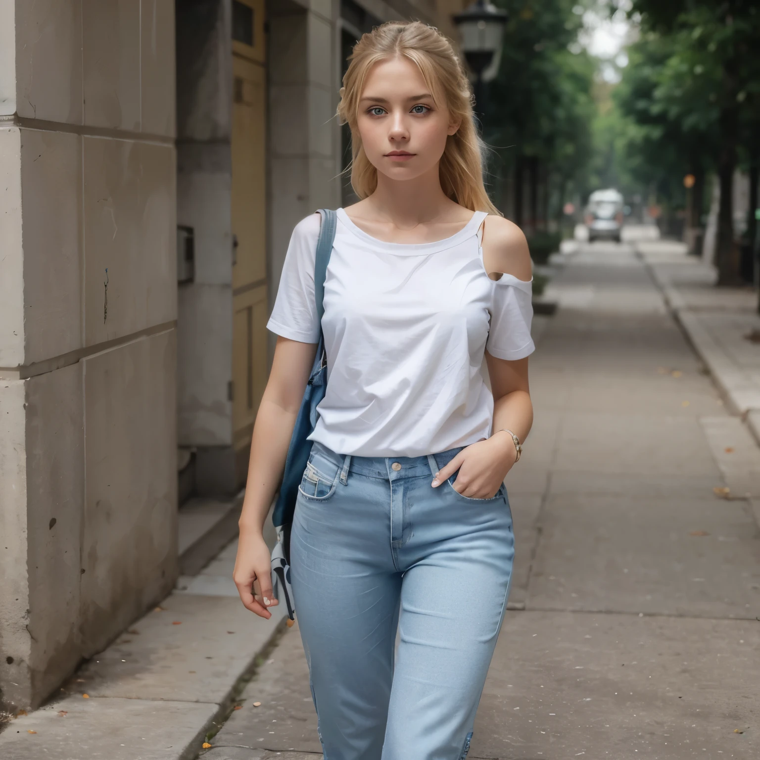 Maria ash blonde girl with light blue eyes white shirt and jean pants and gray shoes and a solar backpack hanging from her left shoulder.