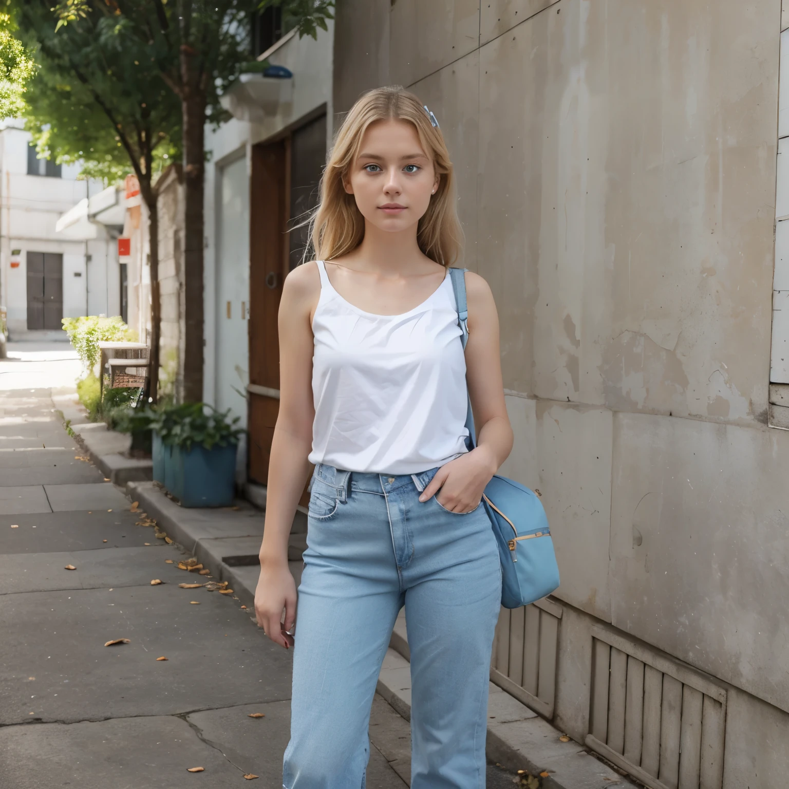 Maria ash blonde girl with light blue eyes white shirt and jean pants and gray shoes and a solar backpack hanging from her left shoulder.