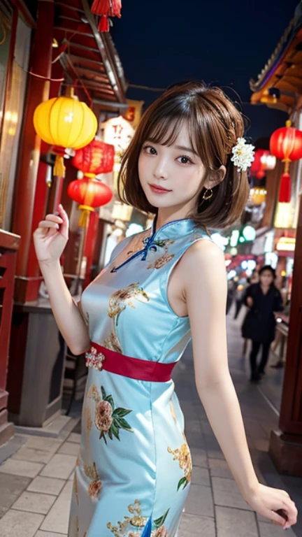 8K,high quality,最high quality,masterpiece,short hair woman,Vivid and gorgeous、((Low - Angle)),chic and flowing、Be enchanting and decorative while doing acrobatic poses and dancing、Attractive and feminine light Chinese dress。Coordinate with harmonious accessories、cuteness and playfulness、rotating movement、Attractive and attractive atmosphere Even with a Chinese atmosphere、It also goes well with a Chinese dress that is perfect for Chinatown..、Its charm becomes even more attractive。Chinatown Background