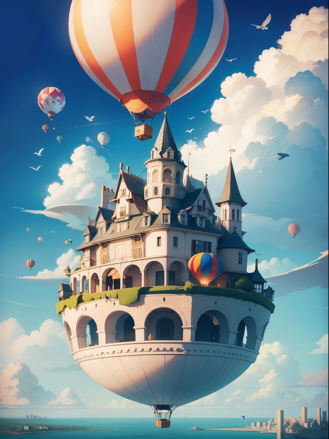 A whimsical floating city in the sky, houses on clouds, hot air balloons navigating, birds wearing hats flying by, a world where the ordinary meets the extraordinary, Illustration, digital drawing in Procreate