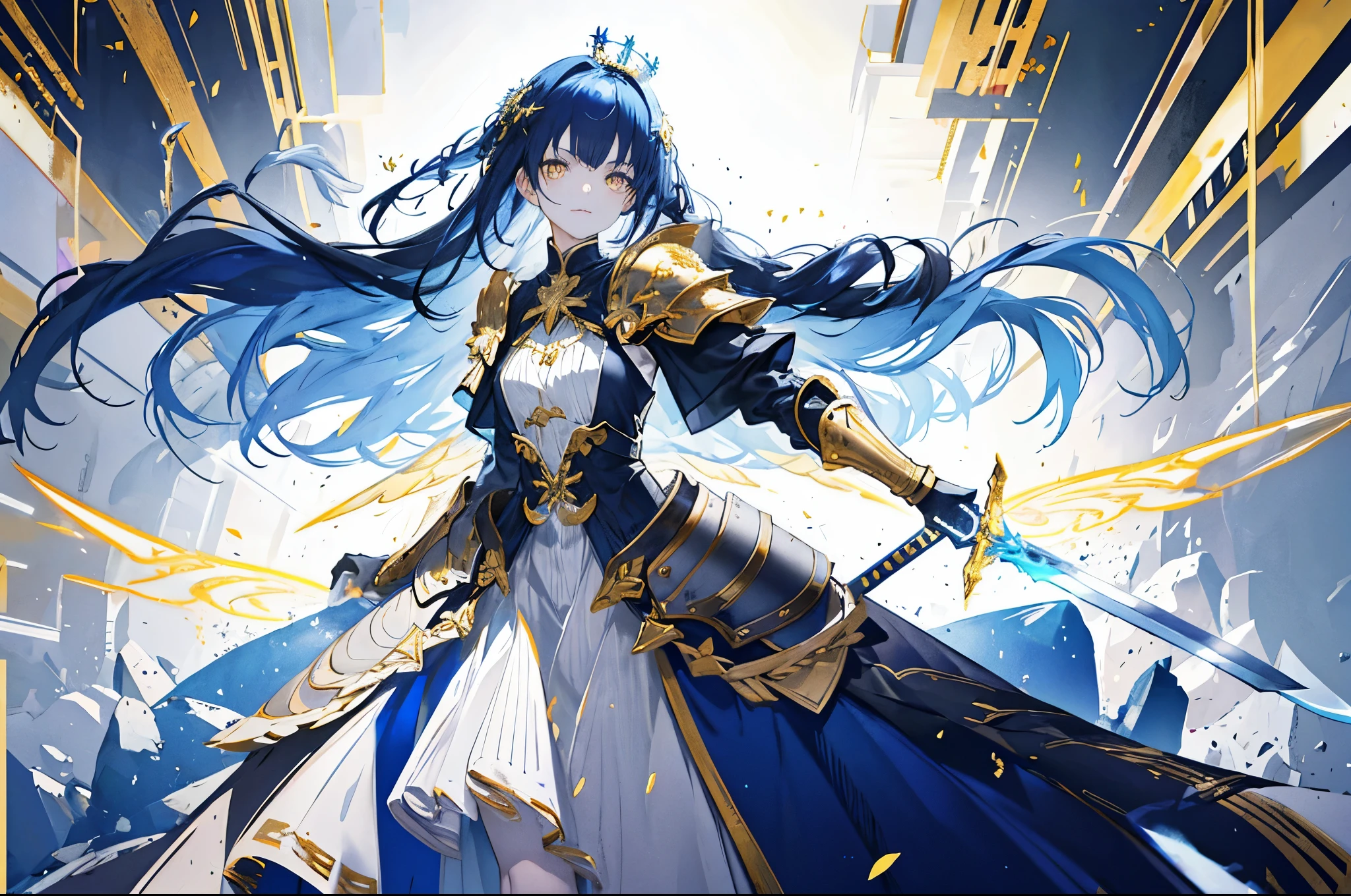 fantastic,epic,Poster style illustration,dark blue hair,A girl stands on armor,brandishing a sword,With dynamic and magical backgrounds,Prominent and well-designed typographic elements,stood up,confidence,firm,brandishing a sword,epic标题,enchanted forest,glowing runic text,golden eyes,glowing eyes,glowing eyes,glowing eyes,Dark system,White gold armor,zodiac signs,unbelievable,Golden butterfly wings,gold crown,Golden angel halo