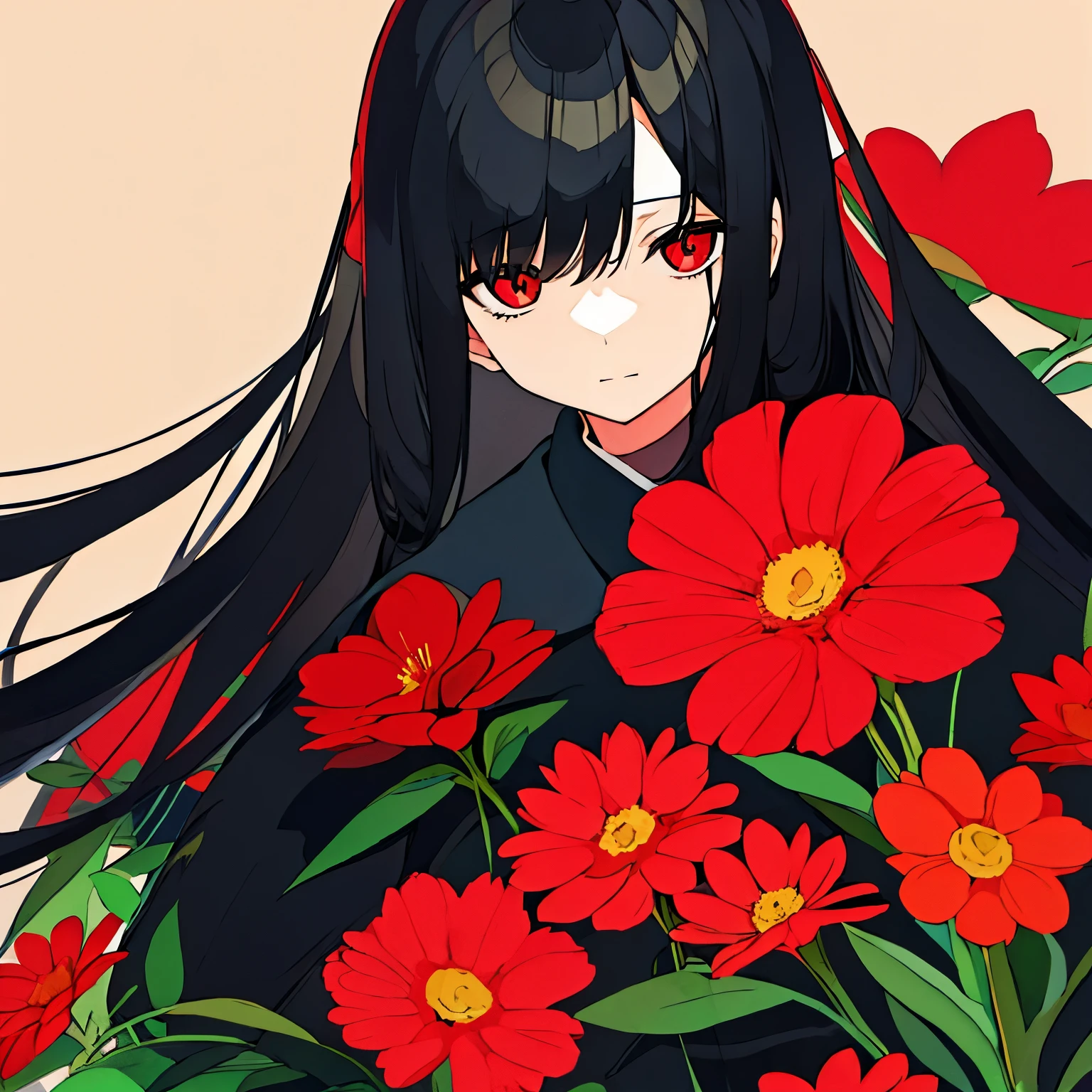 uniform、long black hair、surrounded by red flowers、beige background、moderno