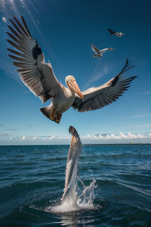 Hyper realism, wide format, HD, epic, in ultra-high focus. Capture that exact moment a magnificent pelican, diving from the air into the water to catch a fish, breaks the surface tension of the water, wings back as it drops at great speed. Stunning lighting that enhances the realism and magical moment