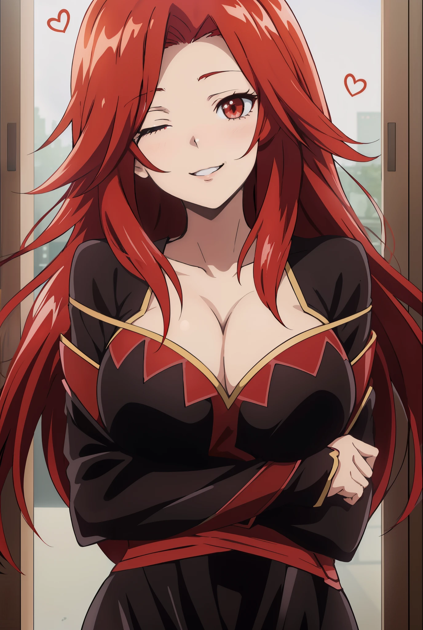 anime girl with red hair and black dress standing in front of a window, seductive anime girl, she has red hair, (anime girl), rias gremory, erza scarlet as a real person, marin kitagawa fanart, [[[[grinning evily]]]], anya from spy x family, with red hair, anime best girl
