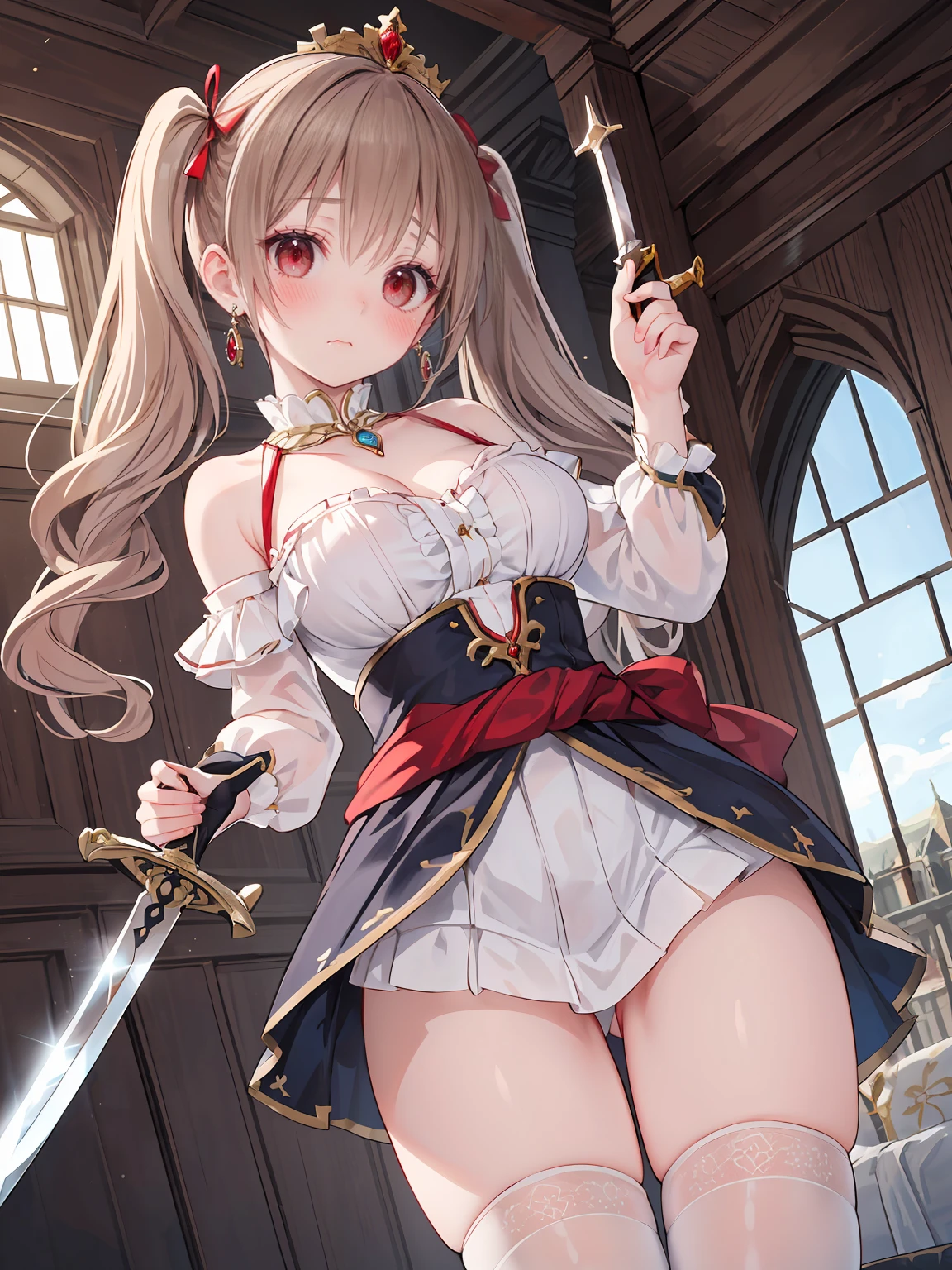 ((8K masterpiece,highest quality)), ultra high resolution, hyper detail, (1 girl), beautiful face, beautiful and delicate eyes,((red eyes)),Big eyes,shining eyes of light,Thin and long eyelashes,detailed light,((brown hair)),((long hair)), ((twin tails)),big breasts,(very large thighs),thin waist,((fearless smile)),blush,(((open your mouth))),(((Sad face))),blush,(open your mouth),(royal swordsman),(((Hold Sword))),silver holy armor,sacred belt around the waist,sapphire crown,gold necklace,sapphire earrings,silver hair ornament,white knee socks,scattered treasures,ambition,(royal family of darkness),(Inside the castle),action pose,motion blur,Depth of written boundary,spectacular panoramic view,angle from below