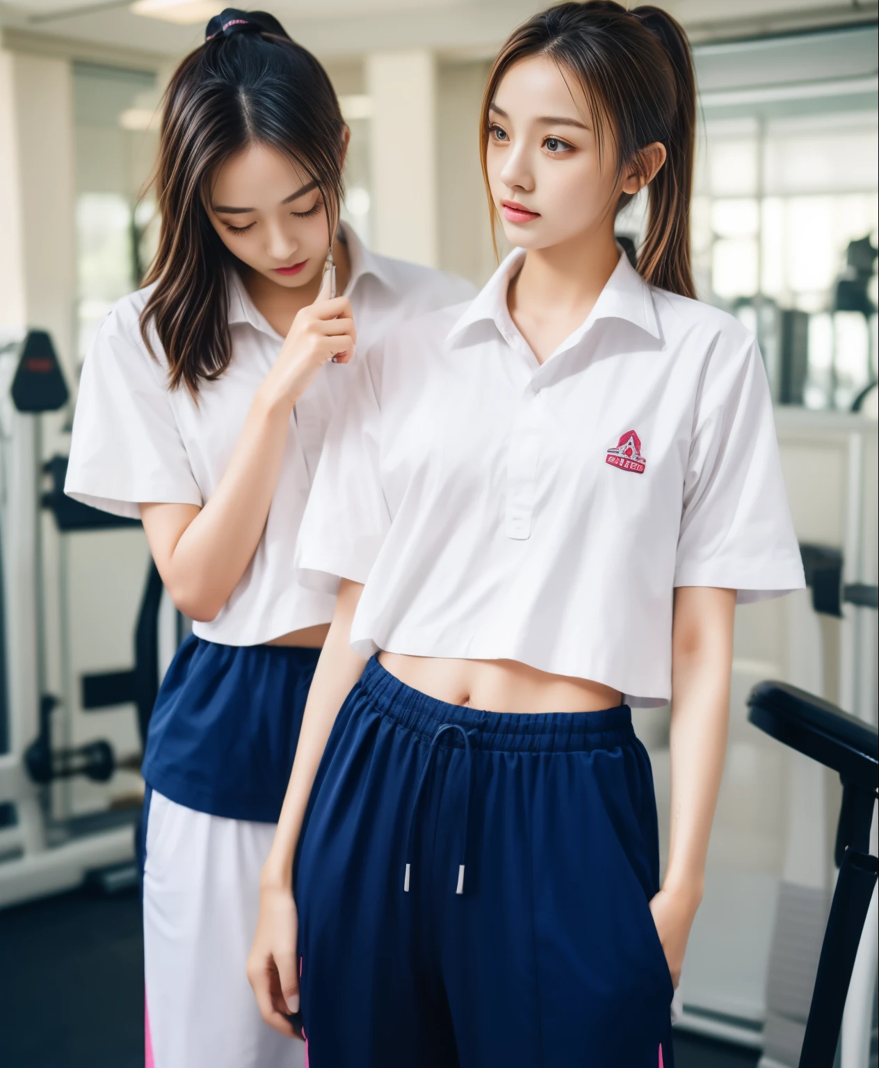 2 girls in fitness center, Navy blue short-sleeved shirt,Navy Long Trackpant,Sweatpants, Sweatpantsขายาว,25 year old girl, lesbian, sexy, exercise clothes, wet body, exercise clothes