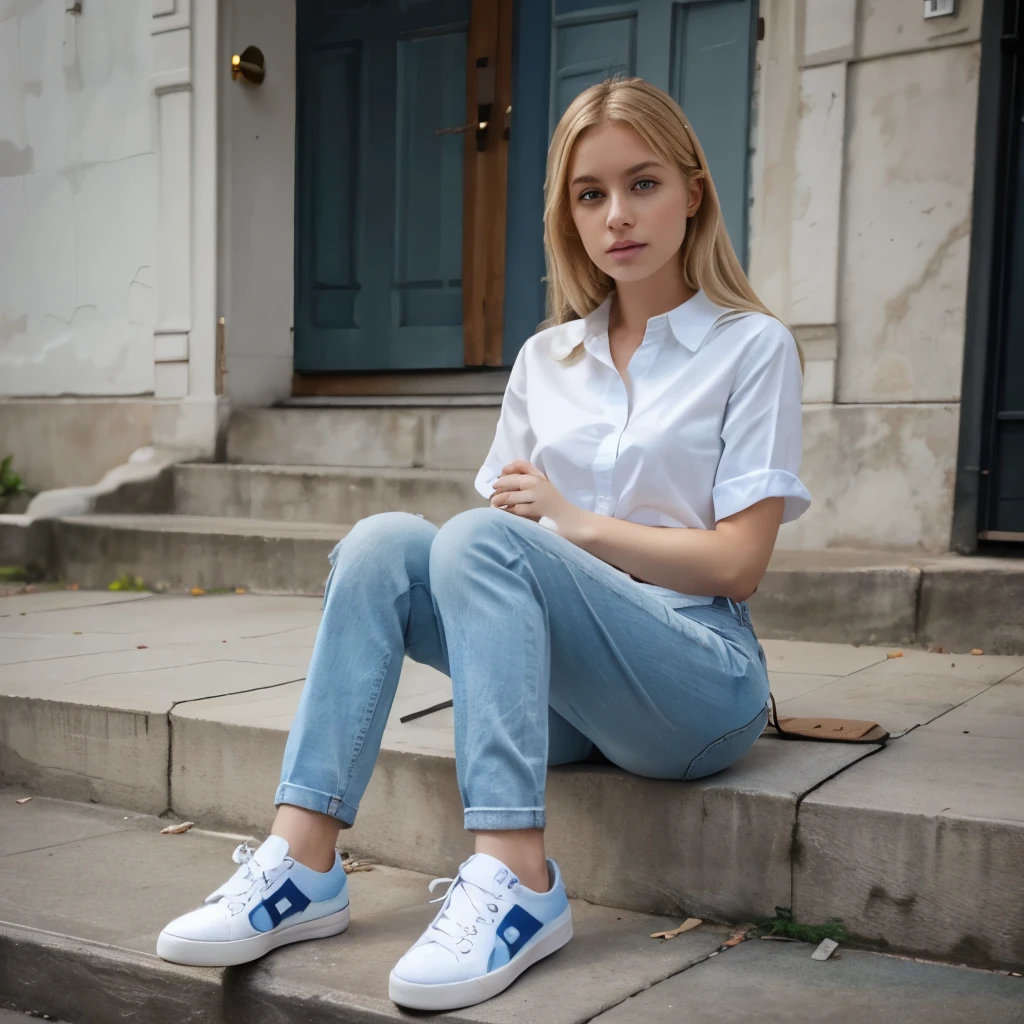 Maria ash blonde girl with light blue eyes white shirt and jean pants and gray shoes.