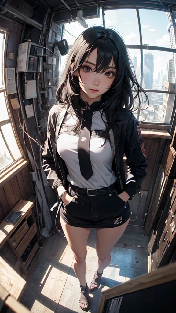 ((Highly detailed CG unit 8k wallpaper, masterpiece, High resolution, highest quality)), (Beautiful woman, put one&#39;s hand in one&#39;s pocket:1.8, Street fashion), ((highly detailed face, Highly detailed black eyes, detailed body, highest qualityのリアルテクスチャスキン)), (black hair, , white skin, ), (Futuristic abandoned building interior), (high angle:1.2, Fisheye:1.3), hyper realistic, digital painting, concept art,