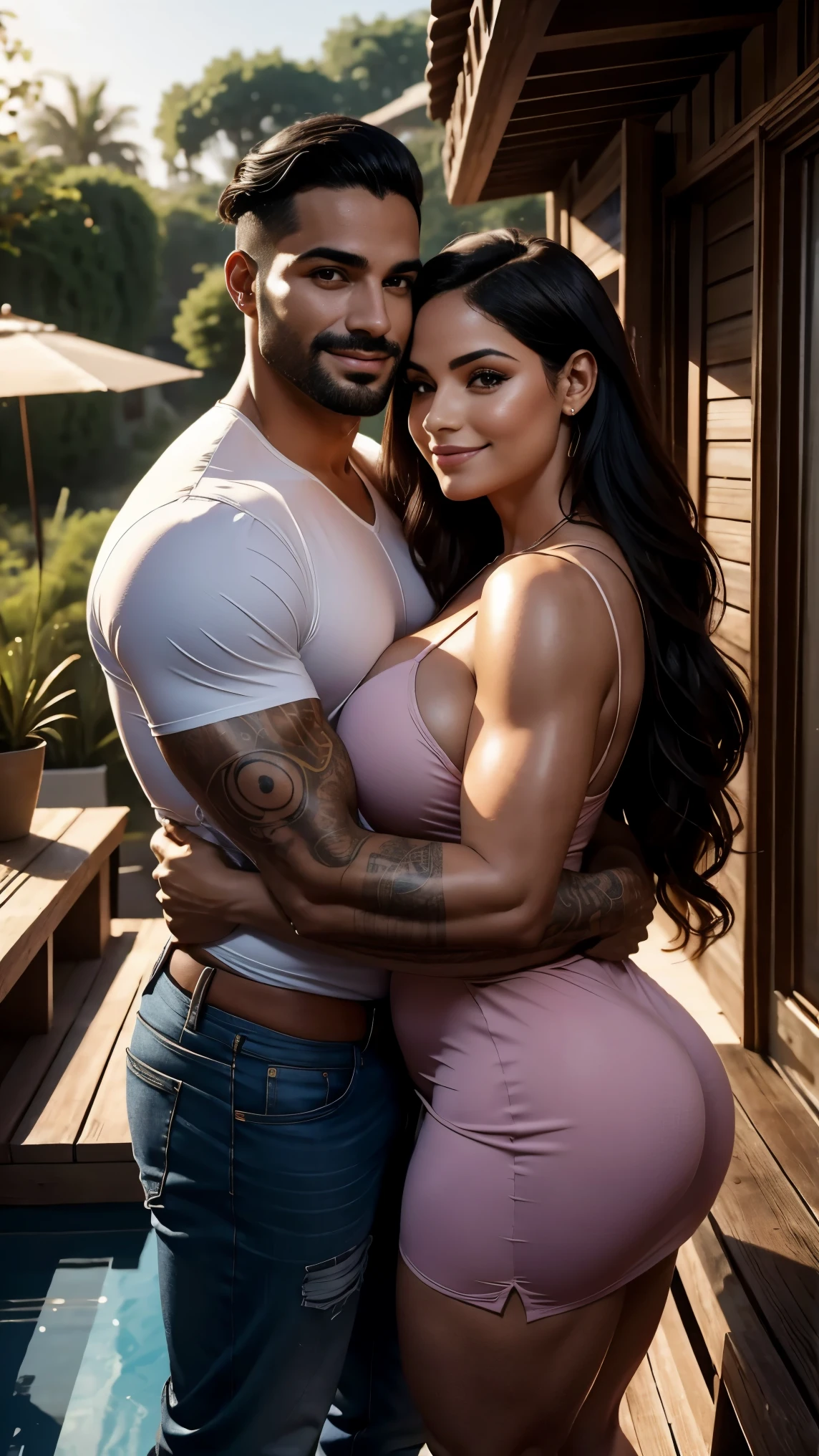 Mulher e homem Latinos, they are both 30 years old, couple romantic pose, He hugs her from behind. Ela veste vestido, has very long, wavy black hair, Rosto chubby lindo, corpo chubby, corpo perfeito, voluptuous curvy body, seios enormes, bunda empinada, skin oiled, Olhos detalhados, detailed hands. Ele veste camisa regata e bernuda, tem cabelo preto liso undercut, rosto lindo perfeito, rosto delicado, Symmetrical face, ele tem olhos castanho claros, barba feita, boca pequena linda levemente rosada, corpo bodybuilder, he has a tattoo on his right arm. On the terrace of a rustic house. Both looking happily smiling at the camera. He is a little taller than her.