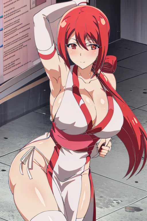 masterpiece, high resolution, best quality, beautiful art, 1 woman , Akane Hiyama, 30 years old, grown up, loose long hair, big breasted, cleavage, white kunoichi dress, full body , sexy outfit, pelvic curtain, sexy legs and thighs, full body, peeking on her white panties , dancing seductively like a belly dancer, looking at the viewer, smirking, flirting, beach environment